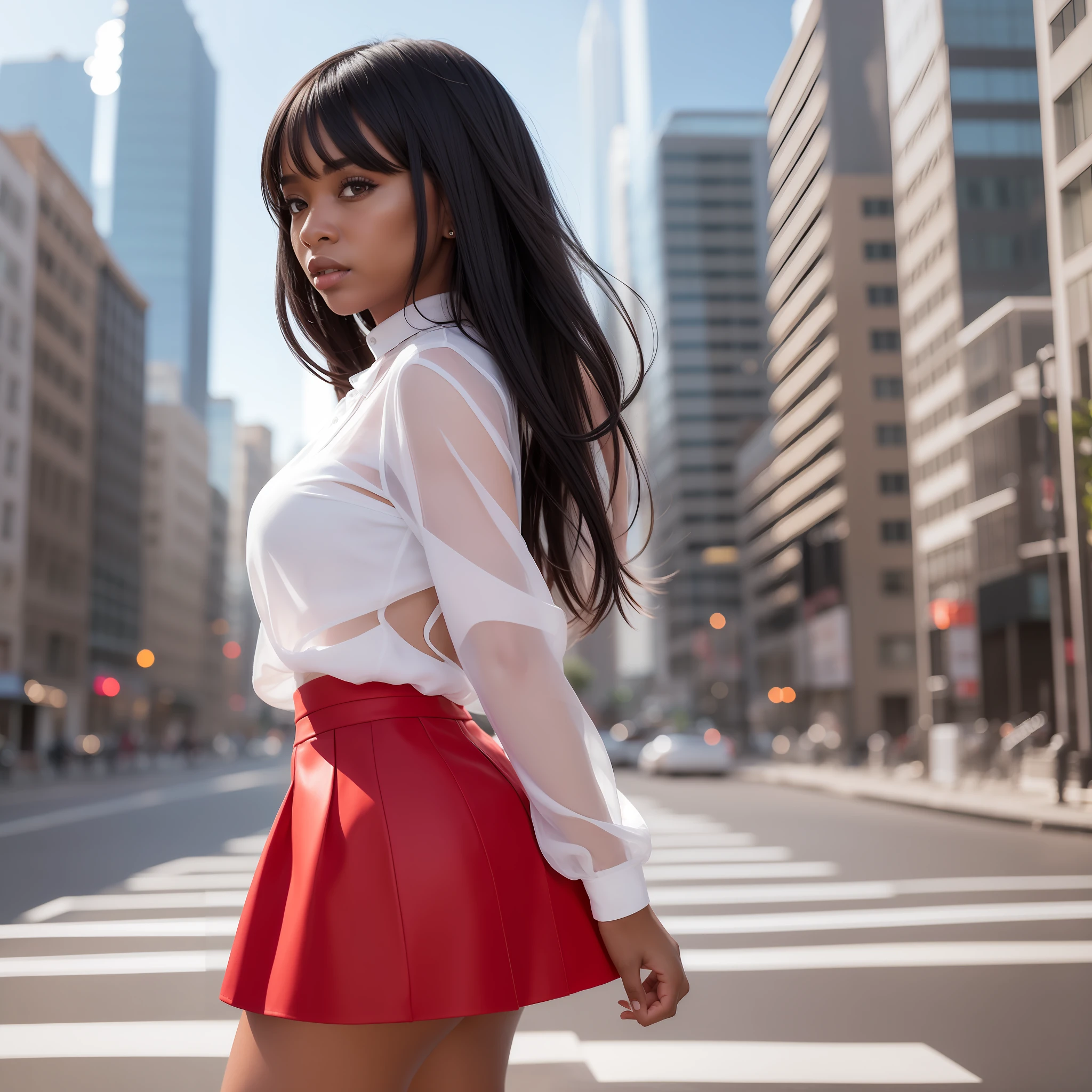 Black woman, transparent white shirt, red mini skirt, city background