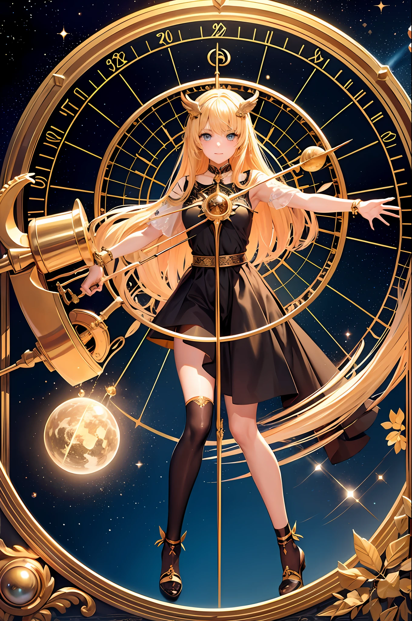 Realism, (Masterpiece, Top Quality, Best Quality, Official Art, Beauty and Aesthetics: 1.2), Very Detailed, Fractal Art, Colorful, Most Detailed, Sagittarius, (Abstract Background: 1.5) (1girl: 1.3), Bow and Arrow, (Horses), Yellow Hair, Bright Eyes, Serious, Comb, Short Hair, Milky Way, Giant Magic Golden Sagittarius Astrolabe, Dreamy, Dreamy, Golden Rim, Beautiful and Detailed Sky, Sagittarius Goddess Style and Decoration, (NSFW: 0.8) Delicate reflective high glass guardrail panel
