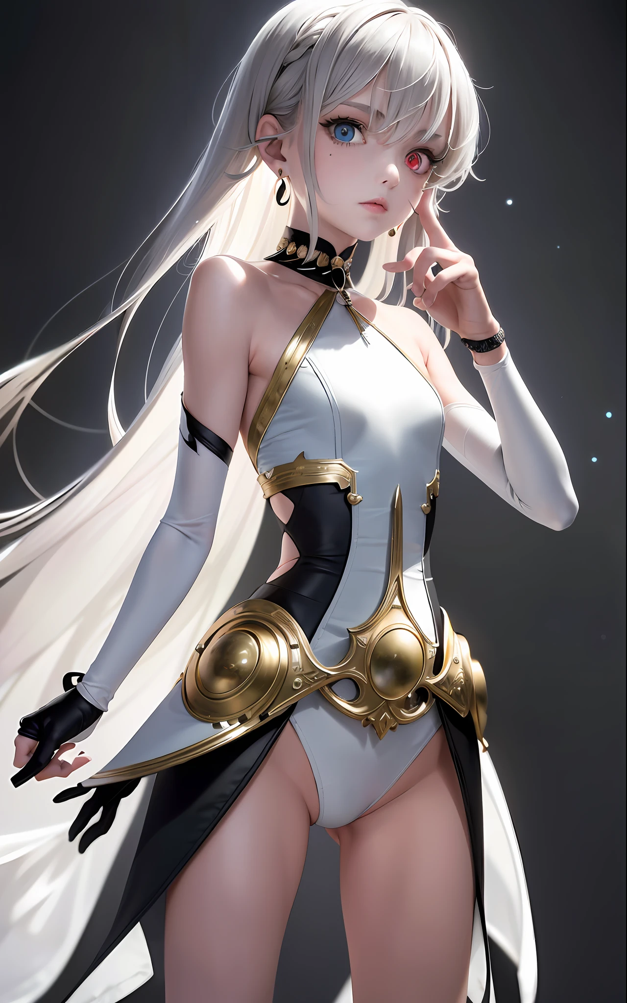 Best, Masterpiece, High Resolution, Best Quality, Ultra HD, Super Detail, Award-Awarded, 16k, (Upper Body), Beautiful Girl, Gray Hair, Hair Strands, ((Heterochromia)), Hanging Eye Corners, Fair Skin, (Small), (Slim Body), ((Protective Clothing)), Stud Earrings, (Neck Rings), (Short Glove with Four Fingers and One Thumb Best Proportion)