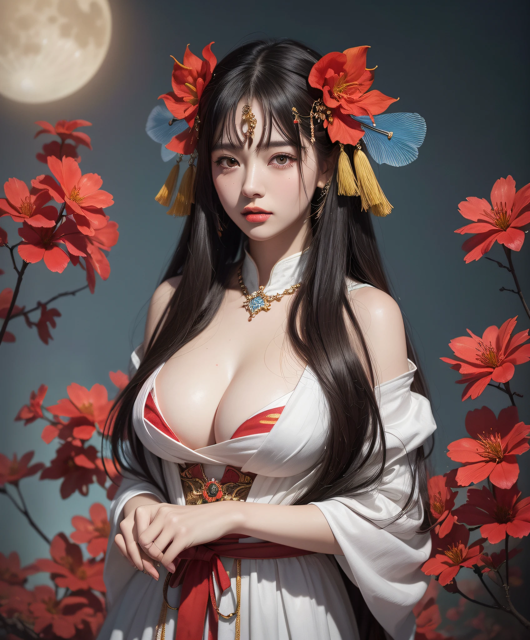 (8k, RAW photo:1.2),best quality, ultra high res,dramatic angle,(fluttered detailed color splashs), (illustration),(((1 girl))),(long hair),(rain:0.9),(hair ornament:1.4),there is an ancient palace beside the girl,chinese clothes,(focus on), color Ink wash painting,(color splashing),colorful splashing,(((colorful))),(sketch:0.8), Masterpiece,best quality, beautifully painted,highly detailed,(denoising:0.6),[splash ink],((ink refraction)), (beautiful detailed sky),moon,highly,detaild,(masterpiece, best quality, extremely detailed CG unity 8k wallpaper,masterpiece, best quality, ultra-detailed),(Lycoris radiata),gigantic breasts, (nude:1.1)