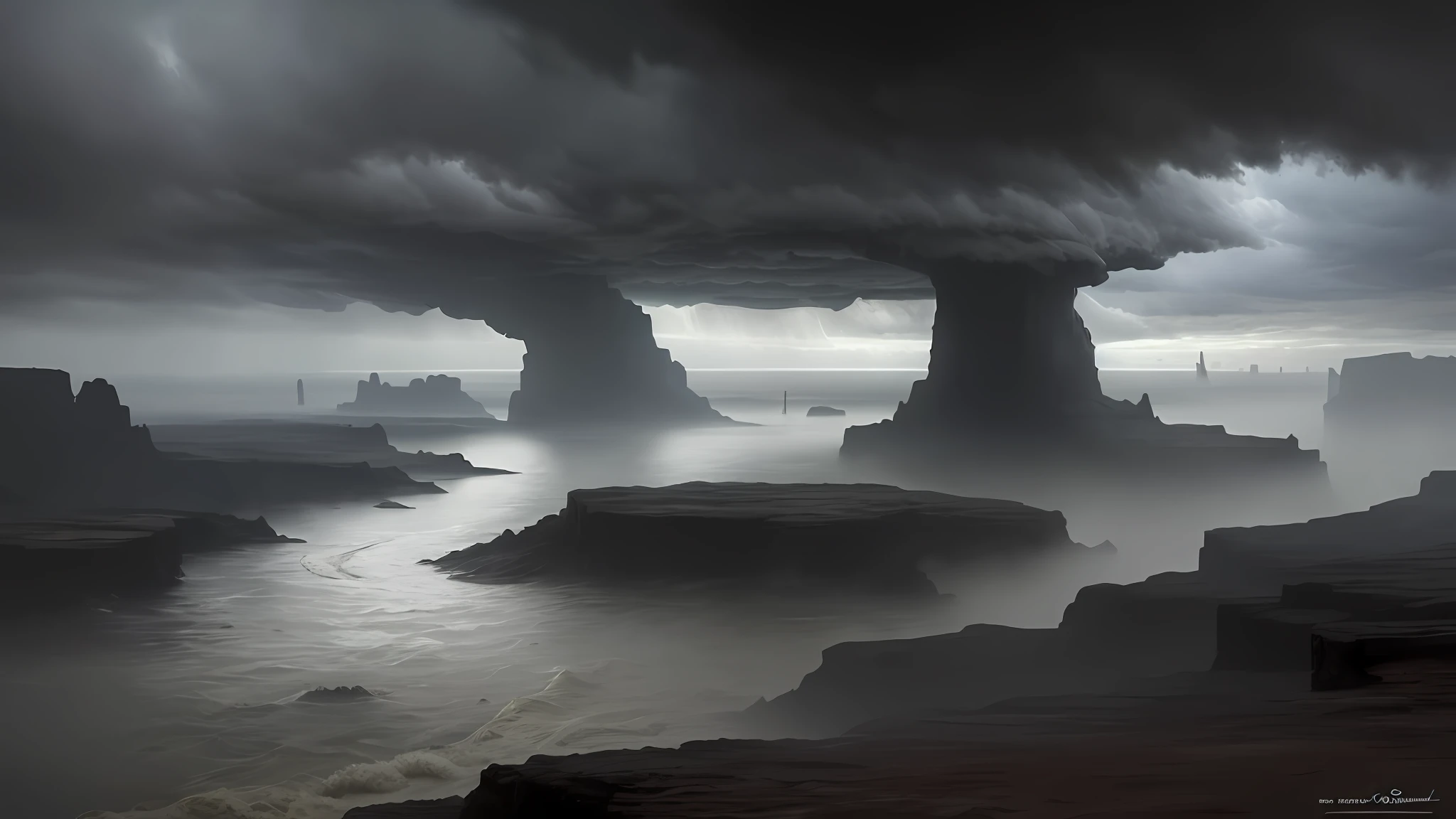 (masterpiece),A very distant landscape on a desert planet, sea, steam, heavy rain, dust in the air, lightning, rain, gray mist, steam clouds, craters, black smoke, gray sky, immense sea, flood, flood, deluge, water, , high resolution photography, Full-hd(art by [Bastien Lecouffe-Deharme| Caspar David Friedrich]:1.2), (unreal engine rendering, photorealistic painting, photorealism:1.2), (mysterious),aerial view