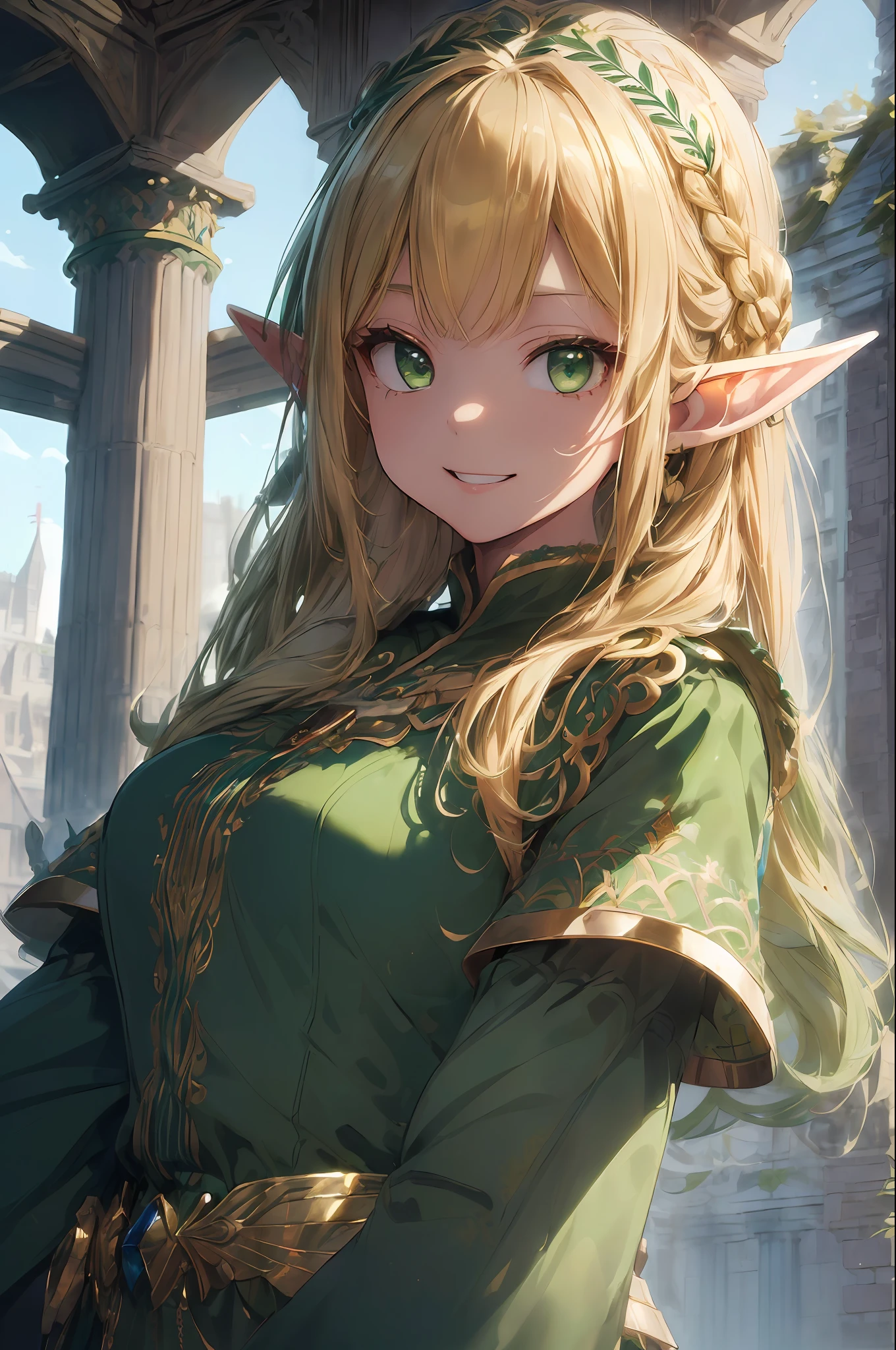 (((Masterpiece, highest quality, precision, ultra-detail)))), (Elf woman))))), (Elf woman)), (Blonde long braid hair), (Big shiny dark green eyes), ((Green surcoat with gold embroidery)), ((Big)), Smile, (Towering Old Tower)))), Dynamic Angle, front elevation