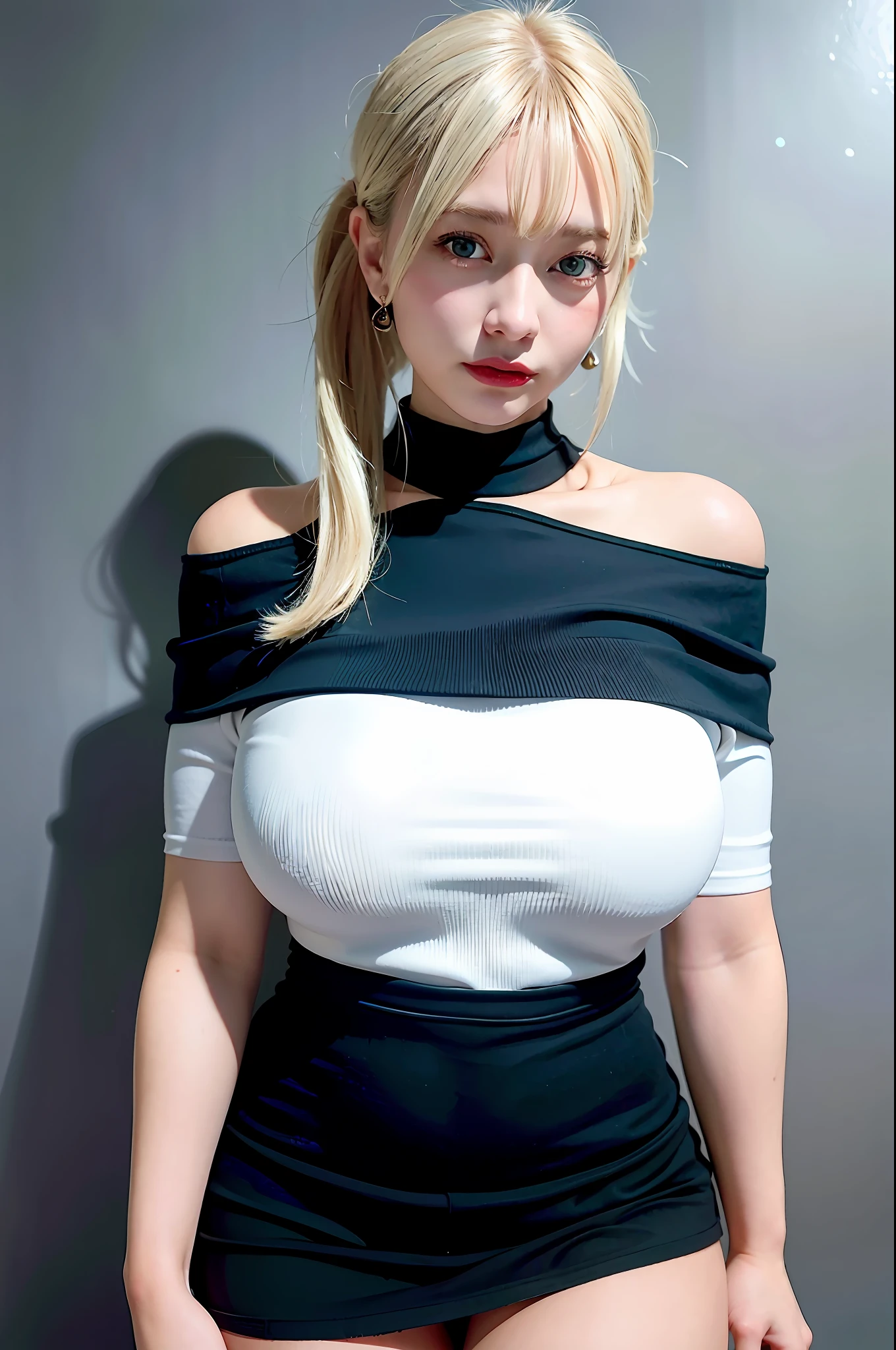 best quality, ultra high res, (photorealistic:1.4), 1girl, off-shoulder white shirt, black tight skirt, black choker, (faded ash gray hair:1), (huge breasts:1.2), looking at viewer, closeup ,