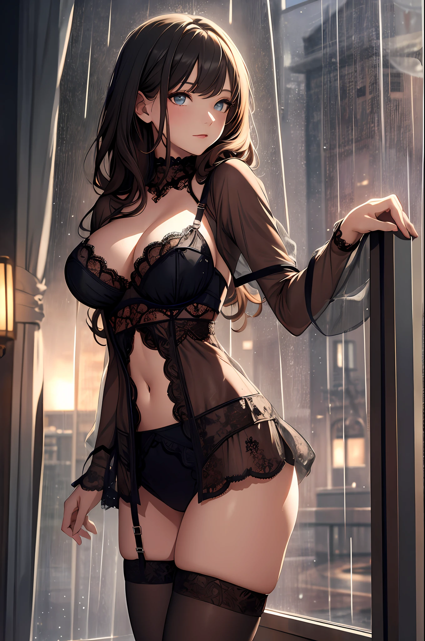 (((masterpiece))), ((best quality)), detailed, solo, 1girl, lingerie, stockings, seductive pose,(rain),breast curtains, depth of field, looking at viewer,