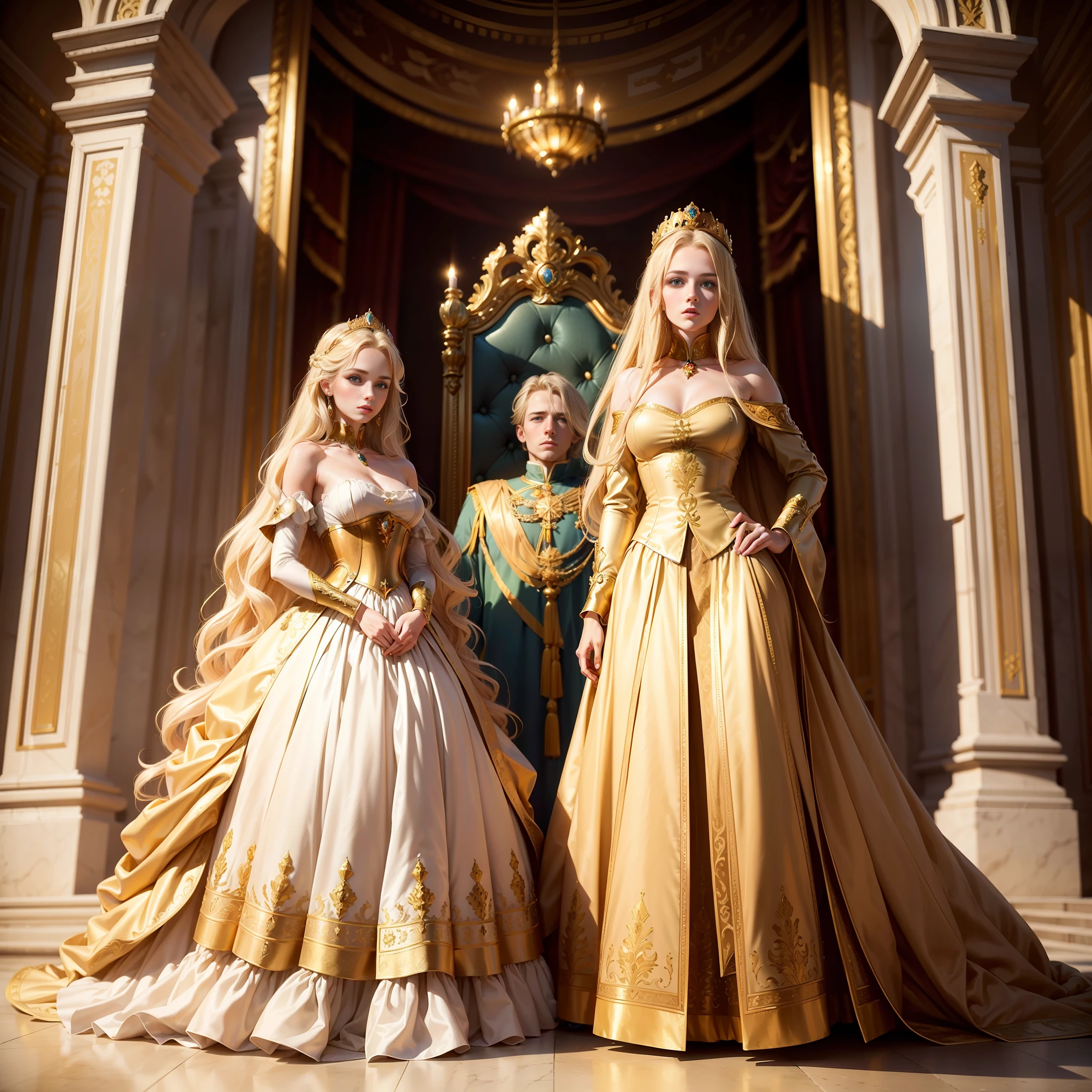 1 girl, (25 years old), blond hair, green eyes, (perfect European noble face: 1.1), (maximum picture quality: 1.1), (perfect figure: 1.1), royal clothes, royal regalia, golden crown, inside the palace, masterpiece, golden dress, throne room.