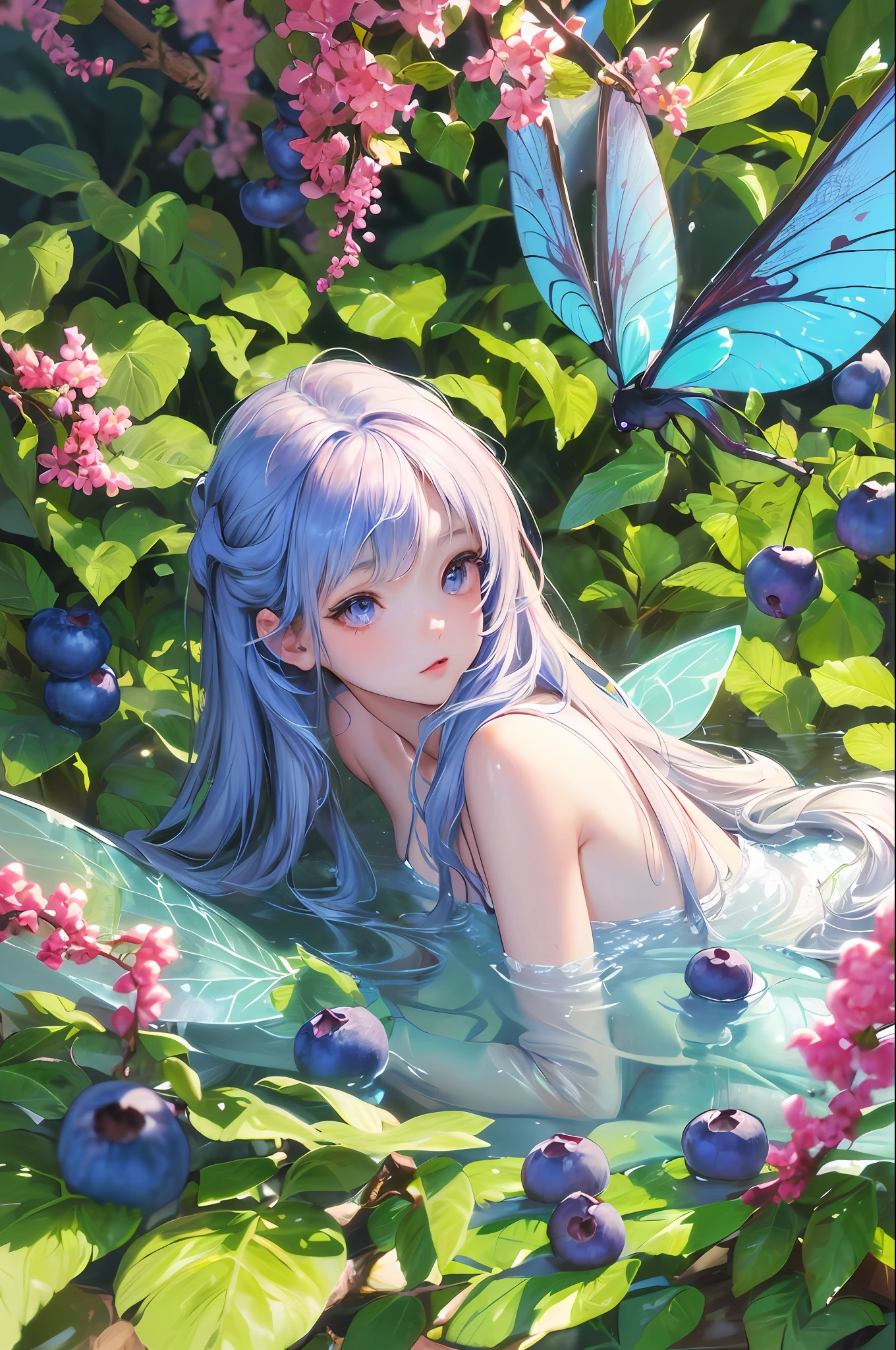 ( Absurd, High quality, ultra-detailed, masterpiece, concept art, smooth, highly detailed artwork, hyper-realistic painting ) , tiny little girl, Blueberry girl, blueberries, cute, whole body, Romantic, Vivid, dreamy, fantasy, fairy wings, water, in the forest, very detailed art