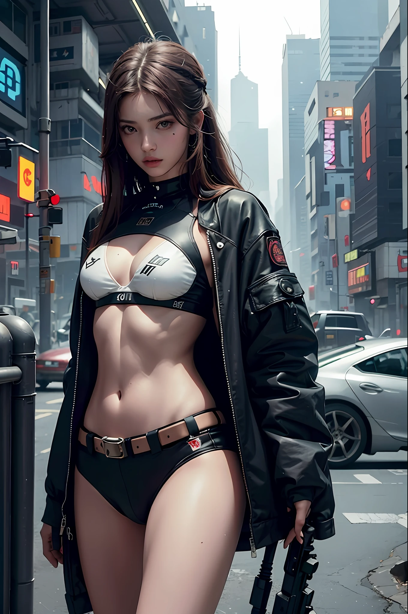 Beautiful girl  breasts, long hair, machine arms in cyberpunk scene