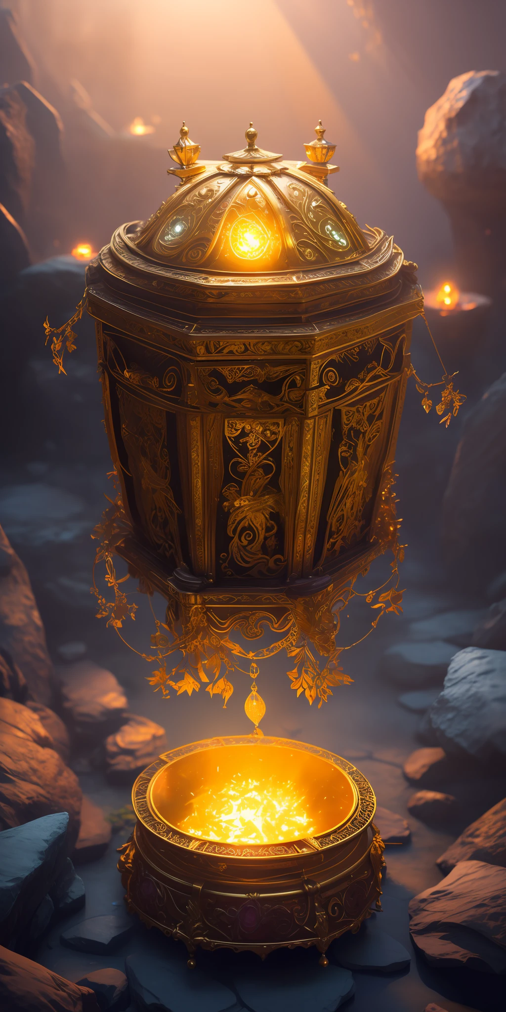 1 treasure chest is featured in this banner,The treasure chest is made of gold and adorned that glow and sparkle in the mystical neon lighting,The treasure chest is shown in the process of opening, revealing piles of glittering jewels and gold coins inside,The scene is set in a dark and atmospheric treasure vault environment, with bright and dramatic lighting illuminating the riches in the background,elegant,fantasy, global illumination, backlighting,bloom, ((cold light)), sharp focus, photo realistic, background out of focus, cinematic composition , ultra-detailed, realistic , hyper-realistic , volumetric lighting, 8k, trending on artstation