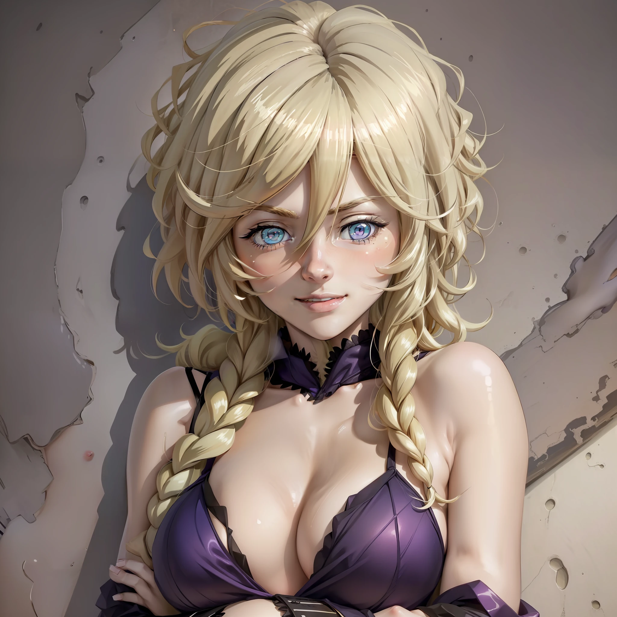 (Masterpiece, Top Quality, Best Quality, Anime, NSFW, Character, Photorealistic, Official Art, Super Detail 8K Art), Girl, Blonde Hair, (Crafted Beautiful Eyes), Beautiful Eyes, Perfect Face, Naughty Smile, (Blonde), Naughty Smile, Simple Background, Watch Viewer, Perfect Body, Perfect Hand, Sexy Girl, Blonde girl in purple bikini