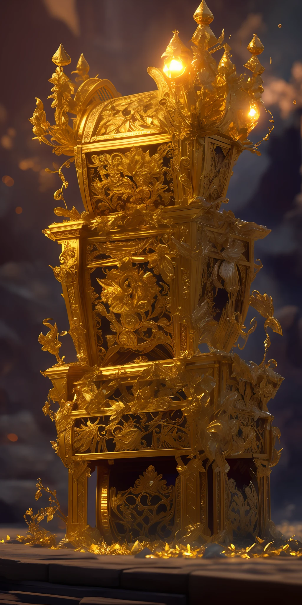 1 treasure chest is featured in this banner,The treasure chest is made of gold and adorned that glow and sparkle in the mystical neon lighting,The treasure chest is shown in the process of opening, revealing piles of glittering jewels and gold coins inside,The scene is set in a dark and atmospheric treasure vault environment, with bright and dramatic lighting illuminating the riches in the background,elegant,fantasy, global illumination, backlighting,bloom, ((cold light)), sharp focus, photo realistic, background out of focus, cinematic composition , ultra-detailed, realistic , hyper-realistic , volumetric lighting, 8k, trending on artstation