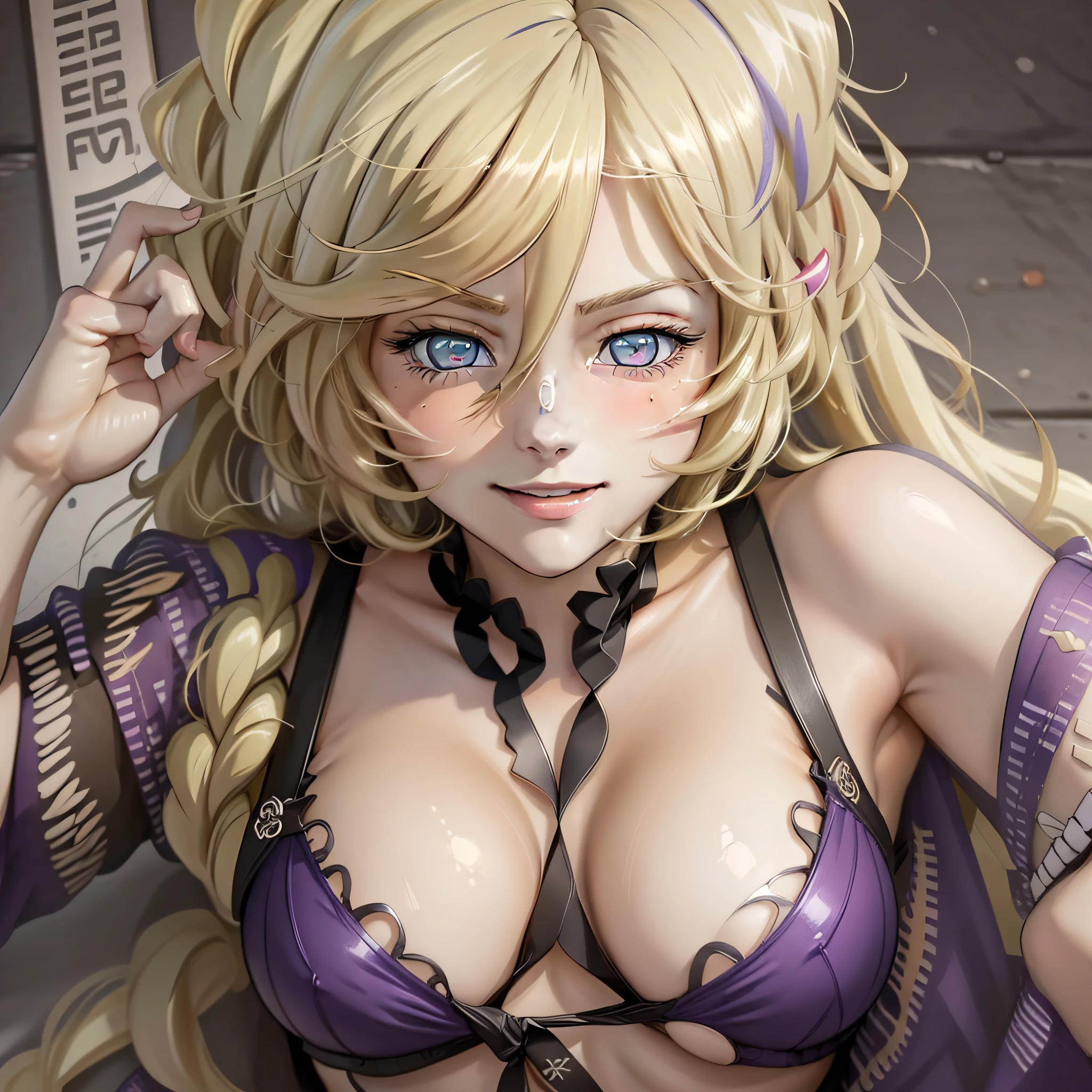 (Masterpiece, Top Quality, Best Quality, Anime, NSFW, Character, Photorealistic, Official Art, Super Detail 8K Art), Girl, Blonde Hair, (Crafted Beautiful Eyes), Beautiful Eyes, Perfect Face, Naughty Smile, (Blonde), Naughty Smile, Simple Background, Watch Viewer, Perfect Body, Perfect Hand, Sexy Girl, Blonde girl in purple bikini
