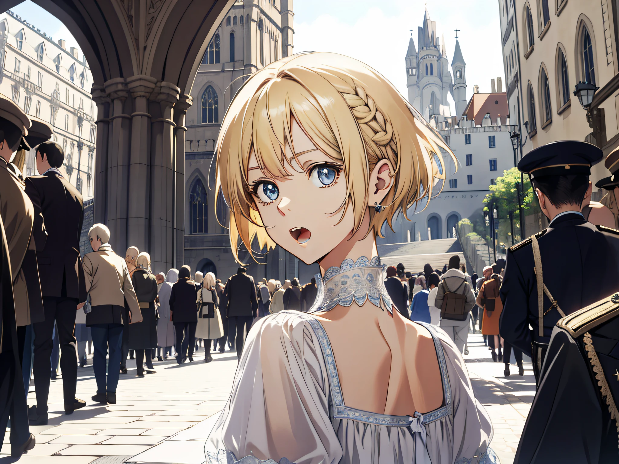 (ridiculous, high resolution, super detailed), 1 female, maidena, beautiful, delicate eyes and delicate face, delicate, square, castle, crowd, (surprised), open mouth, short blonde hair, sideways, looking ahead,
