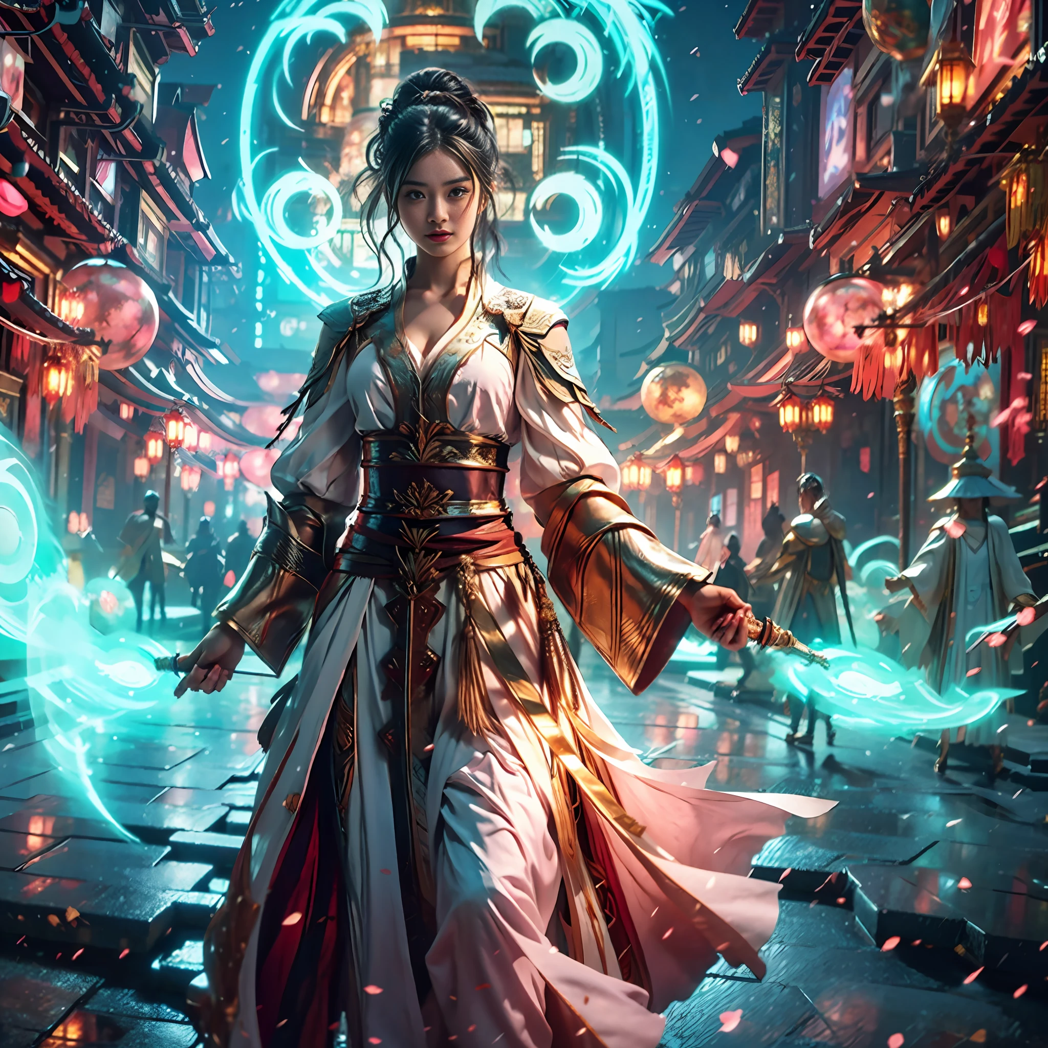 1girl, (feet in the sky: 1.3), weapon, cleavage, (magic circle: 1.1), xiuxian, blue sky, mirror, light pink and light sky blue style, (Fantastic romantic composition: 1.5), pale pink, ethereal leaves, playful arrangement, fantasy, high contrast, (8K wallpaper: 1.3), realistic, octane rendering, surreal, (skin dents: 1.5), (realistic face: 1.2), sharp focus, ((full body)), masterpiece, (best quality), (mirror illumination: 0.5), light on face, sharp face, long hair, light makeup, smile: 1.2, cute, (after fingering: 0.1), (long tulle: 0.6), wind, bun, (leg cover: 1.3)