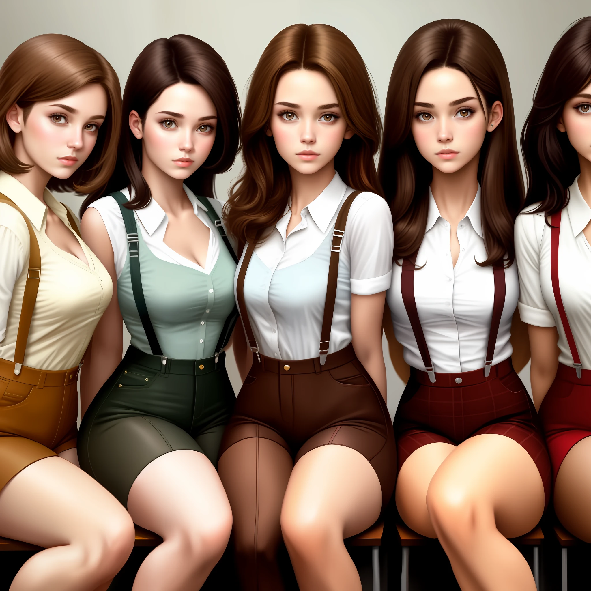 Brunette hair, suspenders, high nose, girl group image