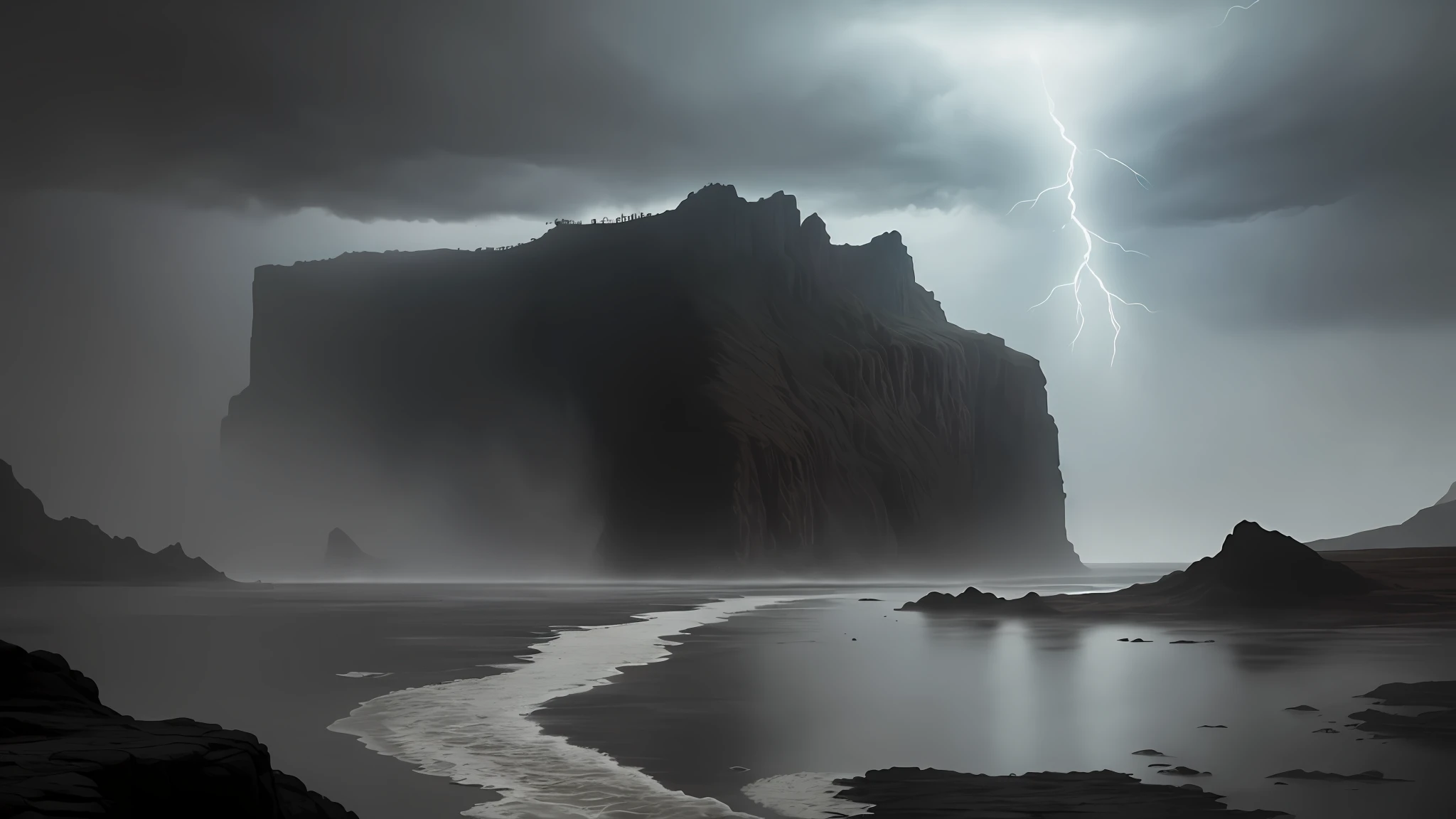 (masterpiece),A very distant landscape on a desert planet, sea, steam, heavy rain, dust in the air, lightning, rain, gray mist, steam clouds, craters, black smoke, gray sky, immense sea, flood, flood, deluge, water, , high resolution photography, Full-hd(art by [Bastien Lecouffe-Deharme| Caspar David Friedrich]:1.2), (unreal engine rendering, photorealistic painting, photorealism:1.2), (mysterious),aerial view