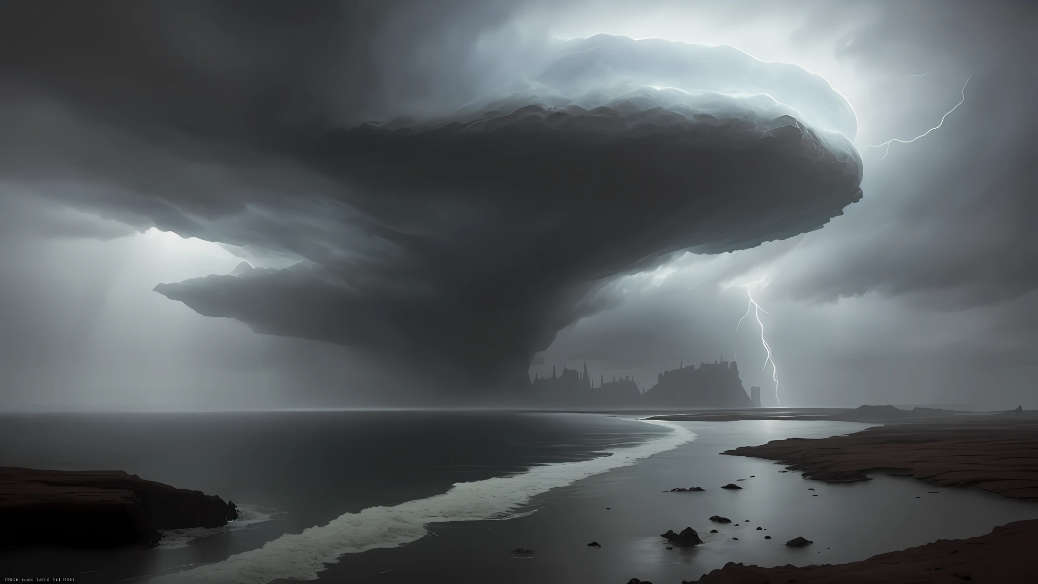 (masterpiece),A very distant landscape on a desert planet, sea, steam, heavy rain, dust in the air, lightning, rain, gray mist, steam clouds, craters, black smoke, gray sky, immense sea, flood, flood, deluge, water, , high resolution photography, Full-hd(art by [Bastien Lecouffe-Deharme| Caspar David Friedrich]:1.2), (unreal engine rendering, photorealistic painting, photorealism:1.2), (mysterious),aerial view
