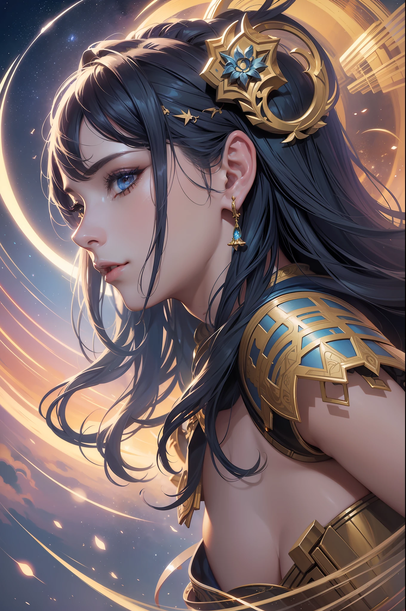 Female warrior in space, fantasy, intricate, elegant, highly detailed, digital painting, artstation, concept art, matte, clear focus, illustration, works by Artgerm and Greg Rutkowski, Alphonse Mucha and WLOP, masterpiece, stunning, trending artstation, 8k, photorealistic, volumetric lighting, octane rendering, hyperreal