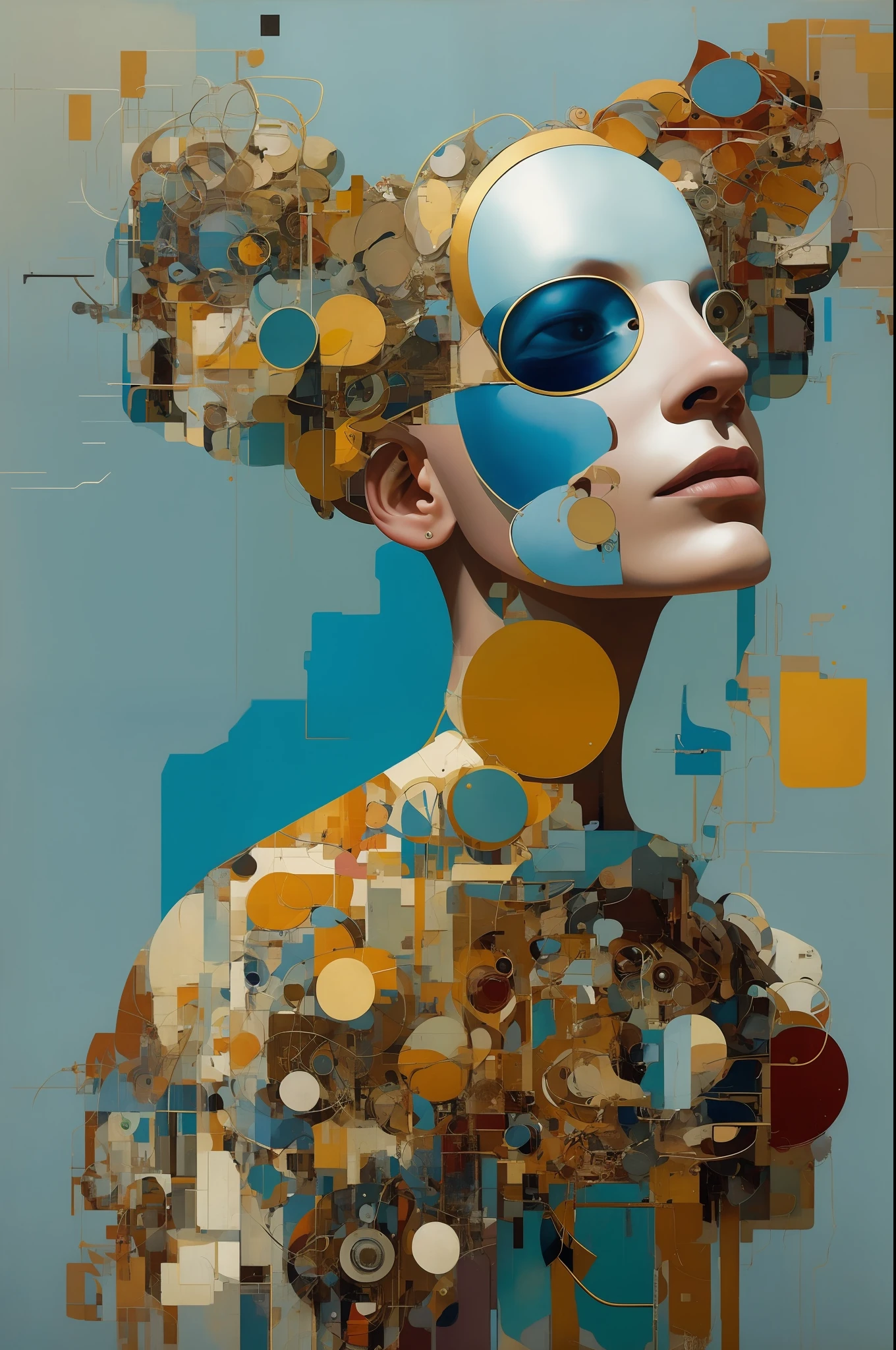 in the style of cyberpunk futurism, african influence, etam cru, light blue and gold, michael creese, steelpunk, michael hussar, white background, best quality, high quality, editorial photo, absurdres, masterpiece, intricate detail, film grain,