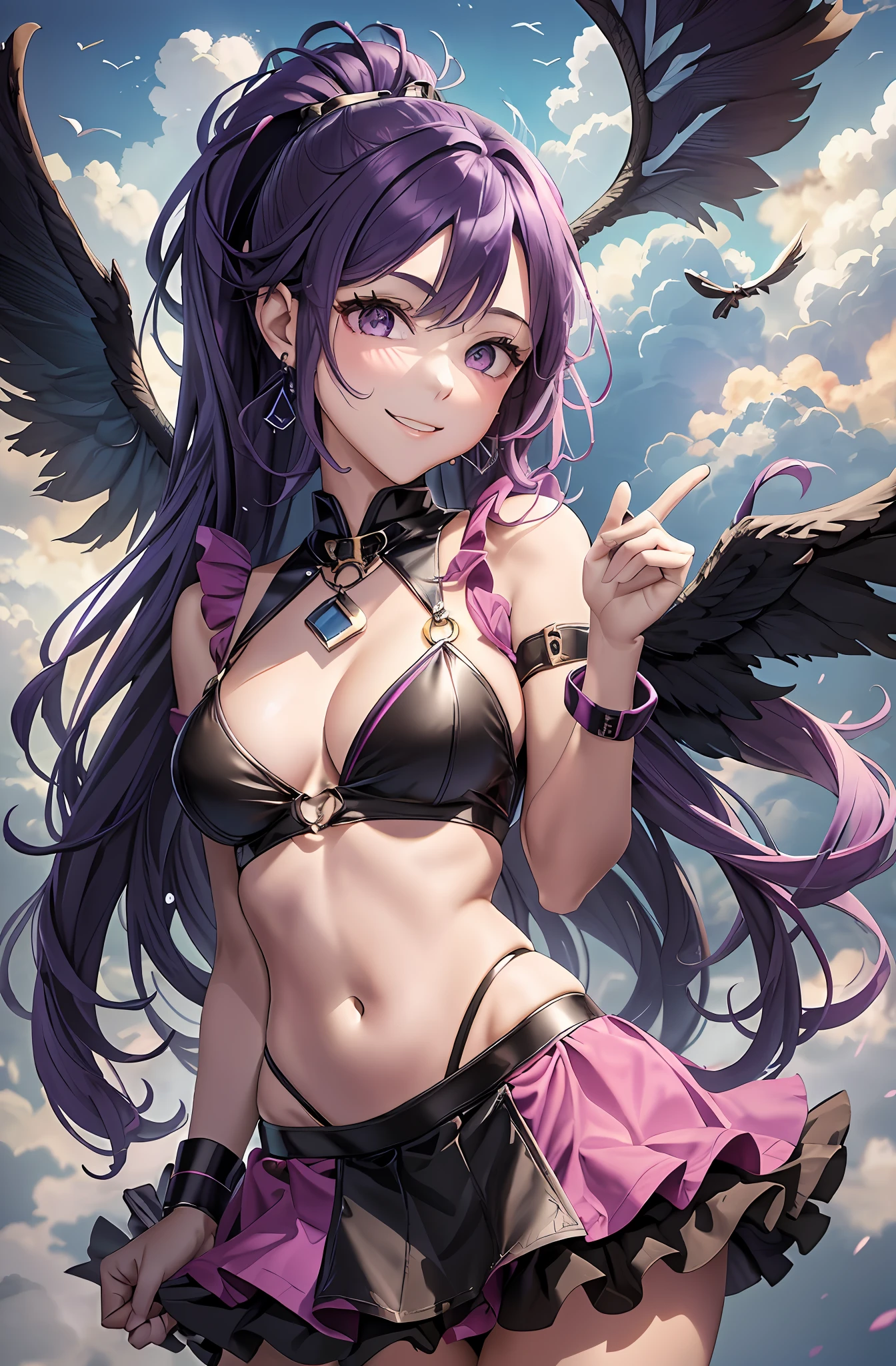 Ponytail. Longhair. Smile, bikini, purple hair. Miniskirt. Earring. Real. On the back large wings. Above the clouds. Clouds around. Cloud mass. Angel wings. Flip up the skirt. Slender body.