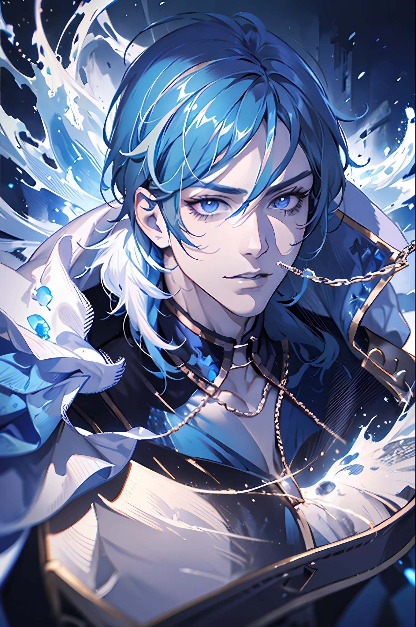 (absurdres, highres, ultra detailed), 1 male solo,  mature, handsome, tall muscular guy, broad shoulders, blue hair, eyepatch, finely detailed eyes and detailed face, extremely detailed CG unity 8k wallpaper, intricate details, (style-swirlmagic:0.8),   portrait,  looking at viewer, solo, (full body:0.6), dynamic pose, detailed background, madness in eyes, blue ice clouds, fireball, warhammer theme, dark clouds, floating pieces of ice and snow   decadence, evil energy emanating,  dark aura, broken shackles, cowboy shot, human, ice crystals