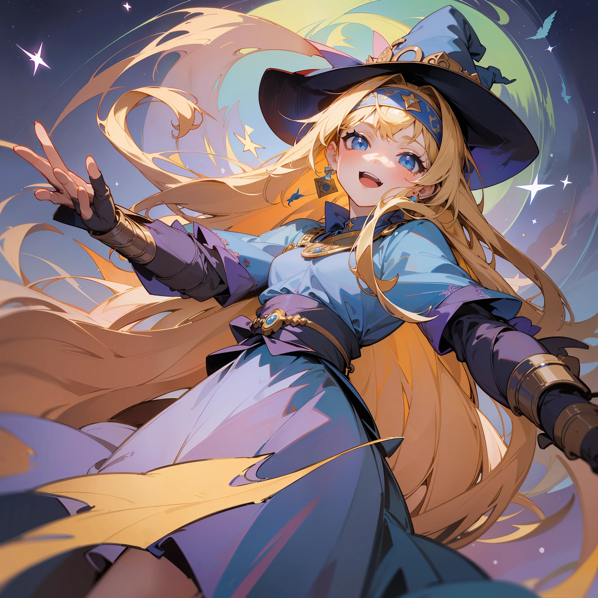 ((masterpiece:1.2, best quality)), 1girl, solo, (witch hat), blonde, long hair, skirt, aurora, night, stars (sky), gloves, sky, white skirt, night sky, open mouth, starry sky, blue eyes, ribbon, long hair, red dress, smile, headband, cape, blue hair, (bird), magic, spell casting, dark clouds, night, (impressionist: 1.4), (tarot: 1.3), Alphonse Mucha