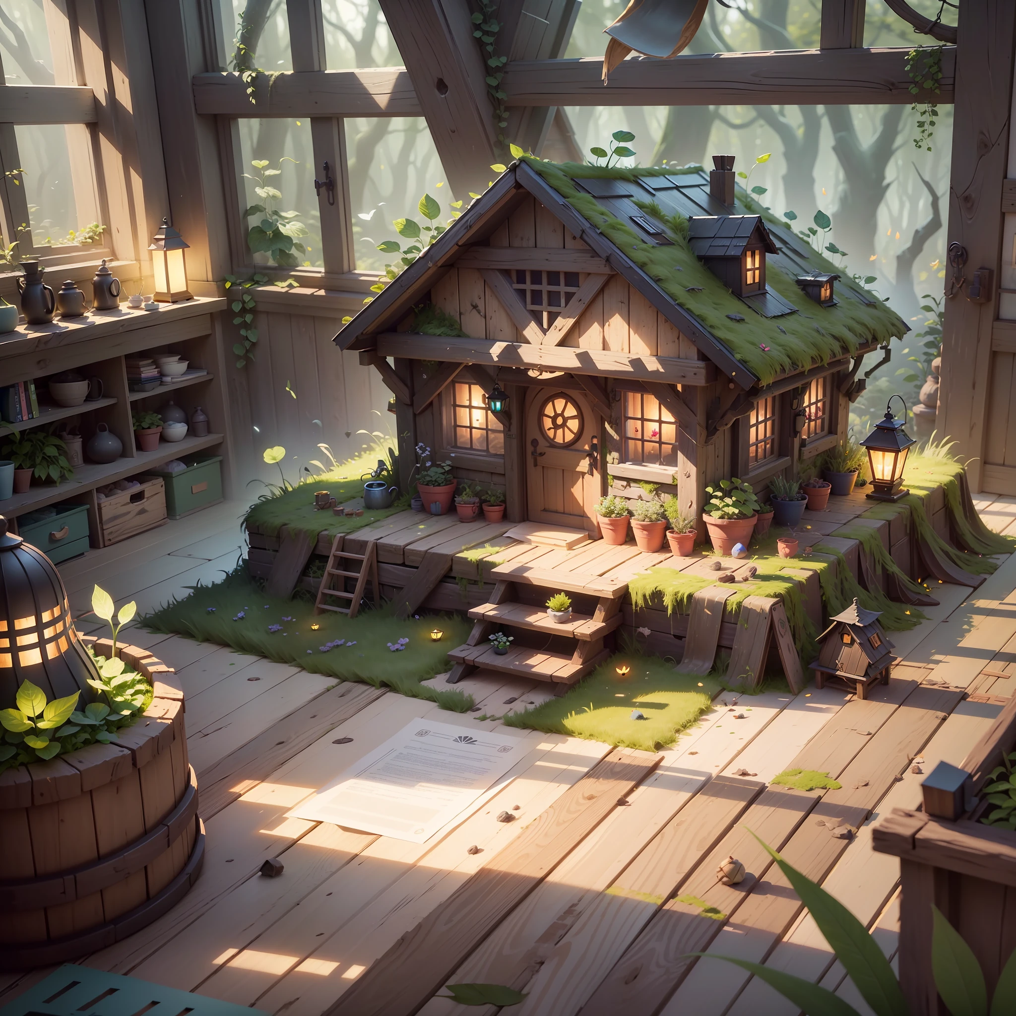 masterpiece, best quality, (extremely detailed CG unity 8k wallpaper), (best quality), (best illustration), (best shadow),A turnip hut covered in moss wtarlight surrounds the room,firefly,petal,glowing windows,isometric 3D, octane render,ray tracing,ultra detailed, jawa style architecture --auto --s2