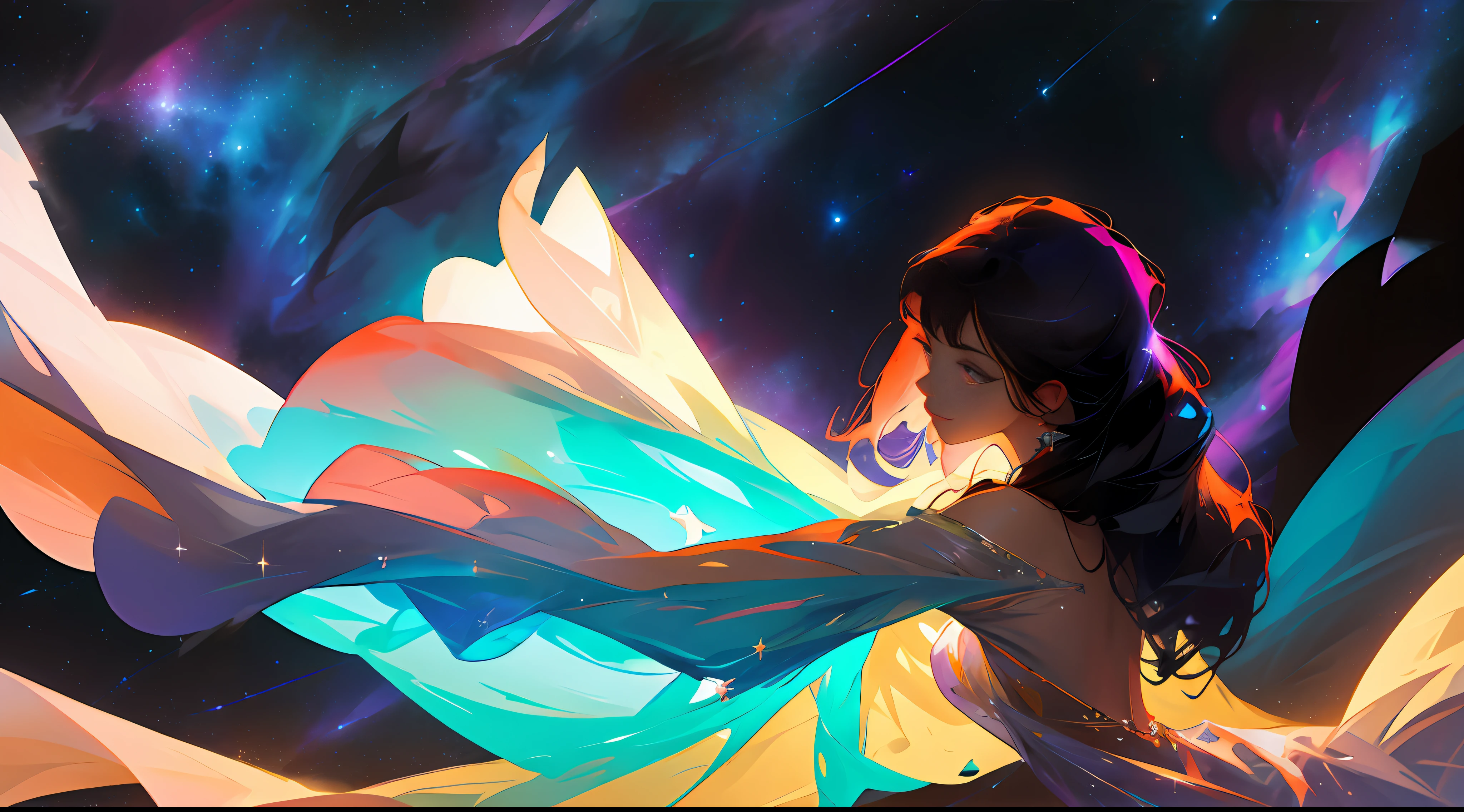 a sensual woman, sexy, nude legs, wildly fluttering long hair, colored sensual short dress, cosmic nebulas and stars background, night, darkness, perfect hands