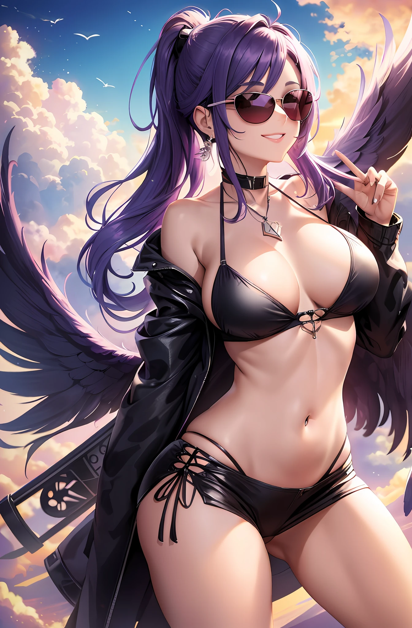 Ponytail. Longhair. Thin. Smiling expression, bikini, purple hair. Big tits. Miniskirt. Earring. Real. On the back large wings. Above the clouds. Clouds around. Cloud mass. Angel wings. Fly freely above the clouds. Sunglasses on the head. Sunset. Robe of feathers.