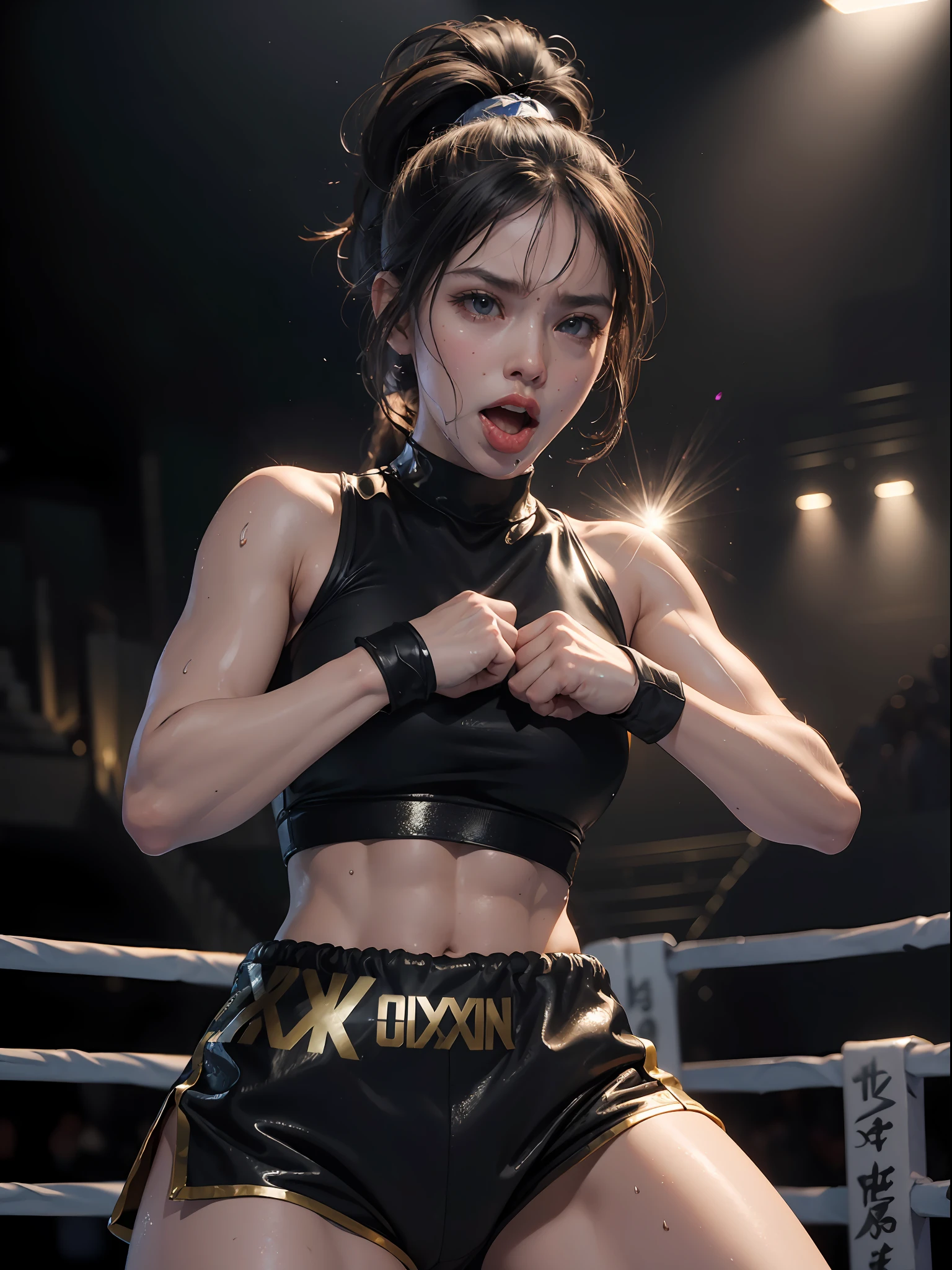 8k, best quality, masterpiece, realistic, real person, Unity 8k wallpaper, (1 girl) , Beautiful eyes, (Delicate face) , Perfect detail, (best lighting) , (super complex details) , (boxing girl) , (sexy), sweat, heavy breathing, ((screaming with big mouth open))))(oppressive aggression) , (boxing ring), athletic shorts, perfect detail, perfect fingers, perfect limbs, impact, (shiny skin), abs, muscles, big tits, waistline,boxing shorts, fist fight, black hair, high ponytail, very long hair, 4k unified, (super detail cg: 1.2), (8k: 1.2), realistic, octane rendering, (((martial arts tournament at the Greek Colosseum))), sunshine strong, audience seats are super full