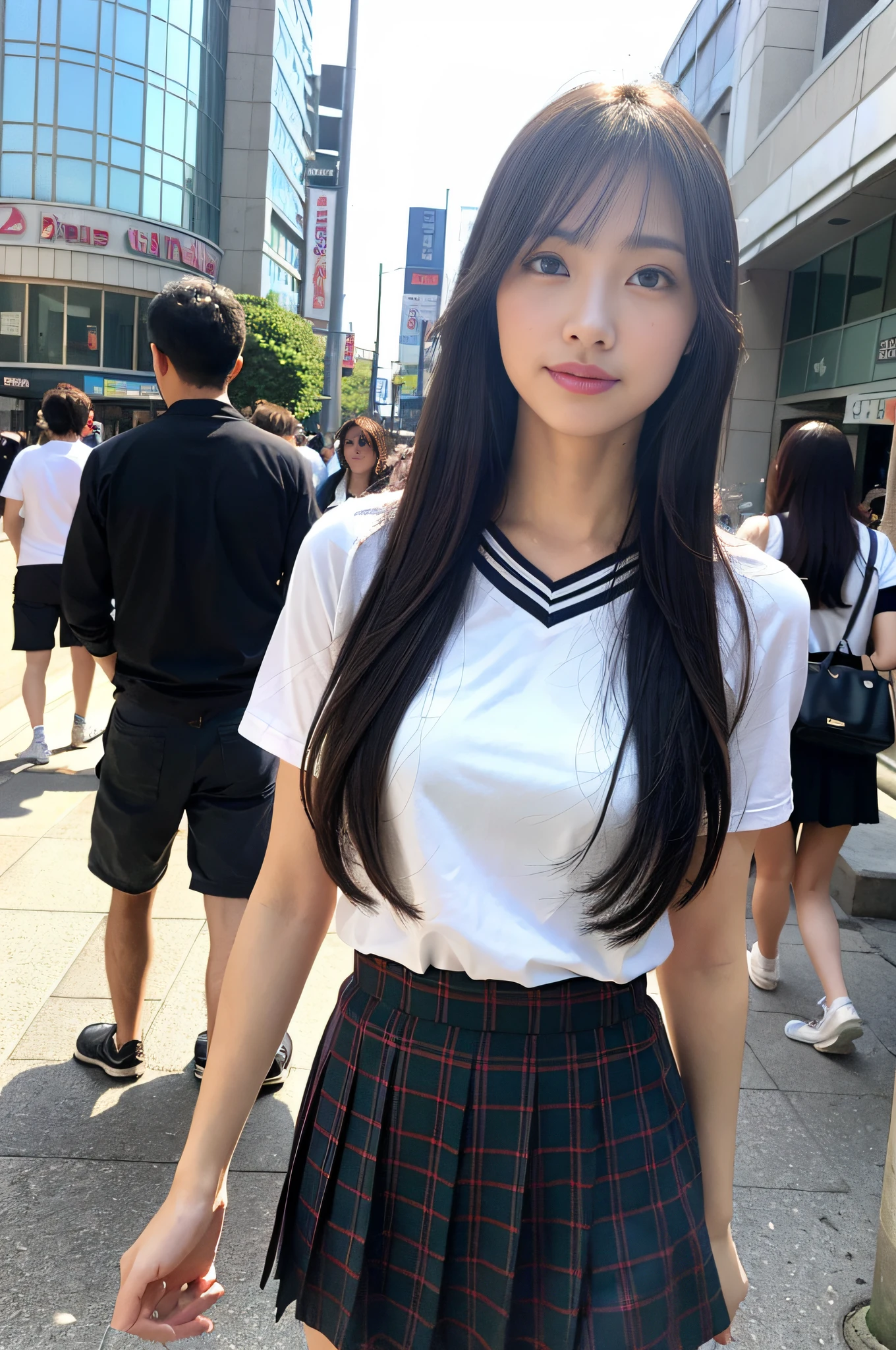 Ultra top quality, masterpiece, ultra high resolution, (photorealistic: 1.4), highly detailed CG Unity 8k wallpaper, detailed and complex, original, high resolution, raw photo, (perfect body shape), fine and complex, DSLR, soft lighting, high quality, film grain, depth of field, FUJIFILM XT3, 50mm lens, backlight, HDR, hyperreal, color grade, dynamic pose, portrait, Japan person, smile, lips, bangs, (crowded akihabara: 1.2), front view viewer, natural light, girl, 20 years old, full body, solo, student, high school, uniform, sailor color, bobby socks, pleated skirt, daytime, on the street, deep shadow, cute, beauty, discreet, cold light 12000K\\ street, store status, Akihabara, Shinjuku, Shibuya, Ikebukuro, detailed realistic, detail, skin texture, ultra detailed, realistic skin texture, (dramatic, award-winning photos, incredible masterpieces: 1.3)