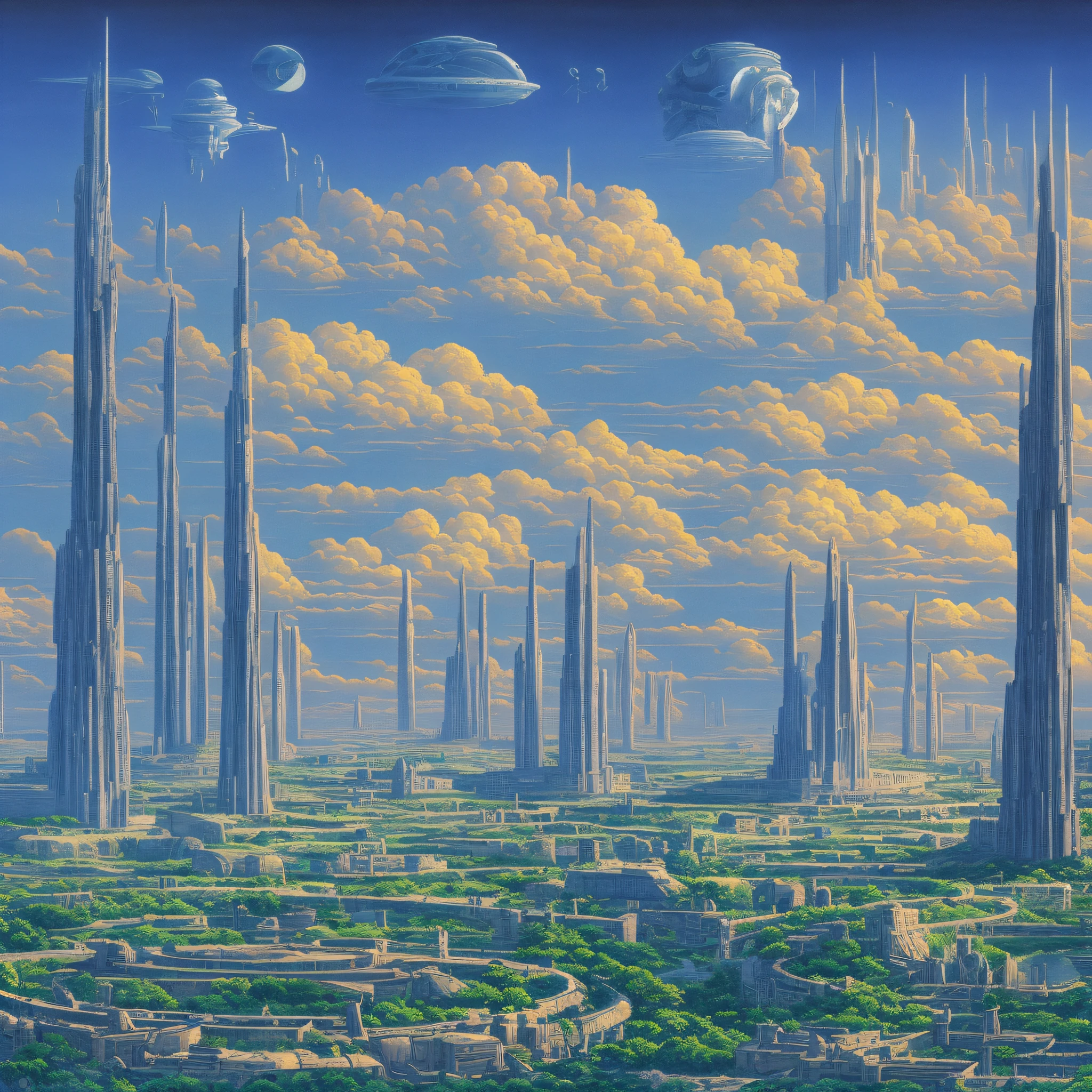 There are many skyscrapers in the middle of the field, blue sky, underwater city, alien buildings, monolith, Atlantis city, Atlantis city, alien city, futuristic painting, Rob Gonsalves and Tim White, planet city, utopian city --auto --s2