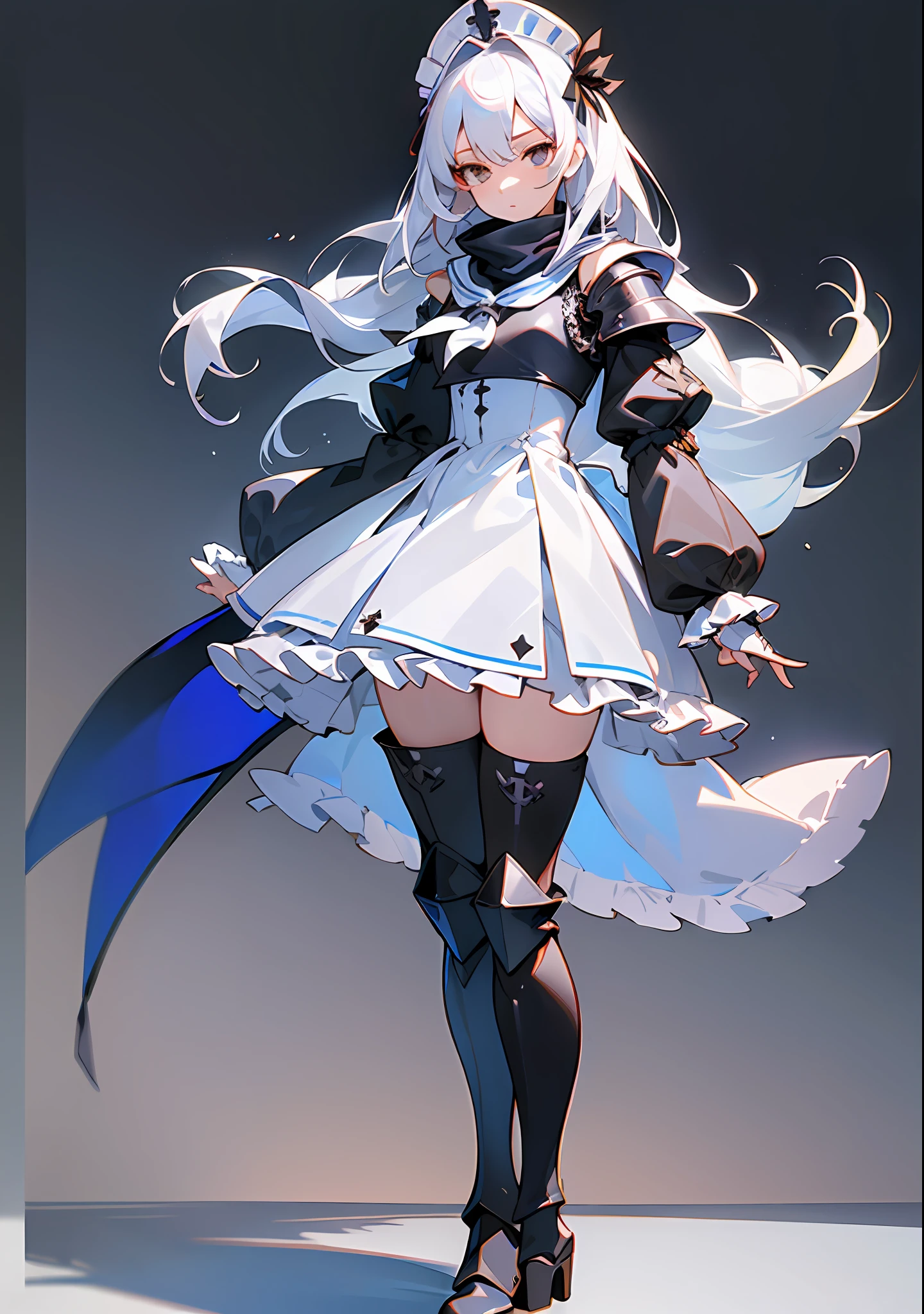 (Masterpiece, Best Quality, Best Anatomy, Digital Art, Elaborate 2D Illustration), (Simple Background, Clear White Background: 1.4), Aircc Water Ghost, Cover Mouth + Scarf, Full Body + Stand, 1 Girl, Solo, White Skin, White Eyes, (White Hair, Long Hair, Hair Accessories), (Split Sleeves, Frilled Sleeves), (Turtleneck Sweater, Frilled Dress, Sailor Dress), Black Thighs, (((Bulky Armored Boots, High Heeled Boots)))) Black shoulder armor, holding a black cross shield