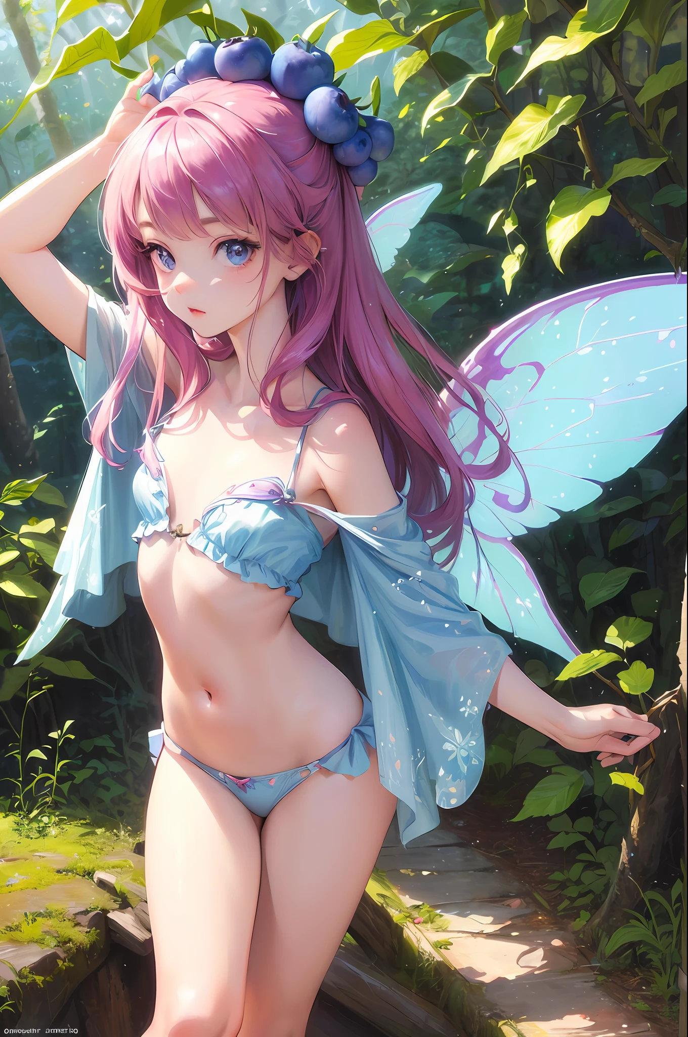 ( Absurd, High quality, ultra-detailed, masterpiece, concept art, smooth, highly detailed artwork, hyper-realistic painting ) , tiny little girl, Blueberry girl, blueberries, cute, whole body, Romantic, Vivid, dreamy, fantasy, fairy wings, water, in the forest, very detailed art