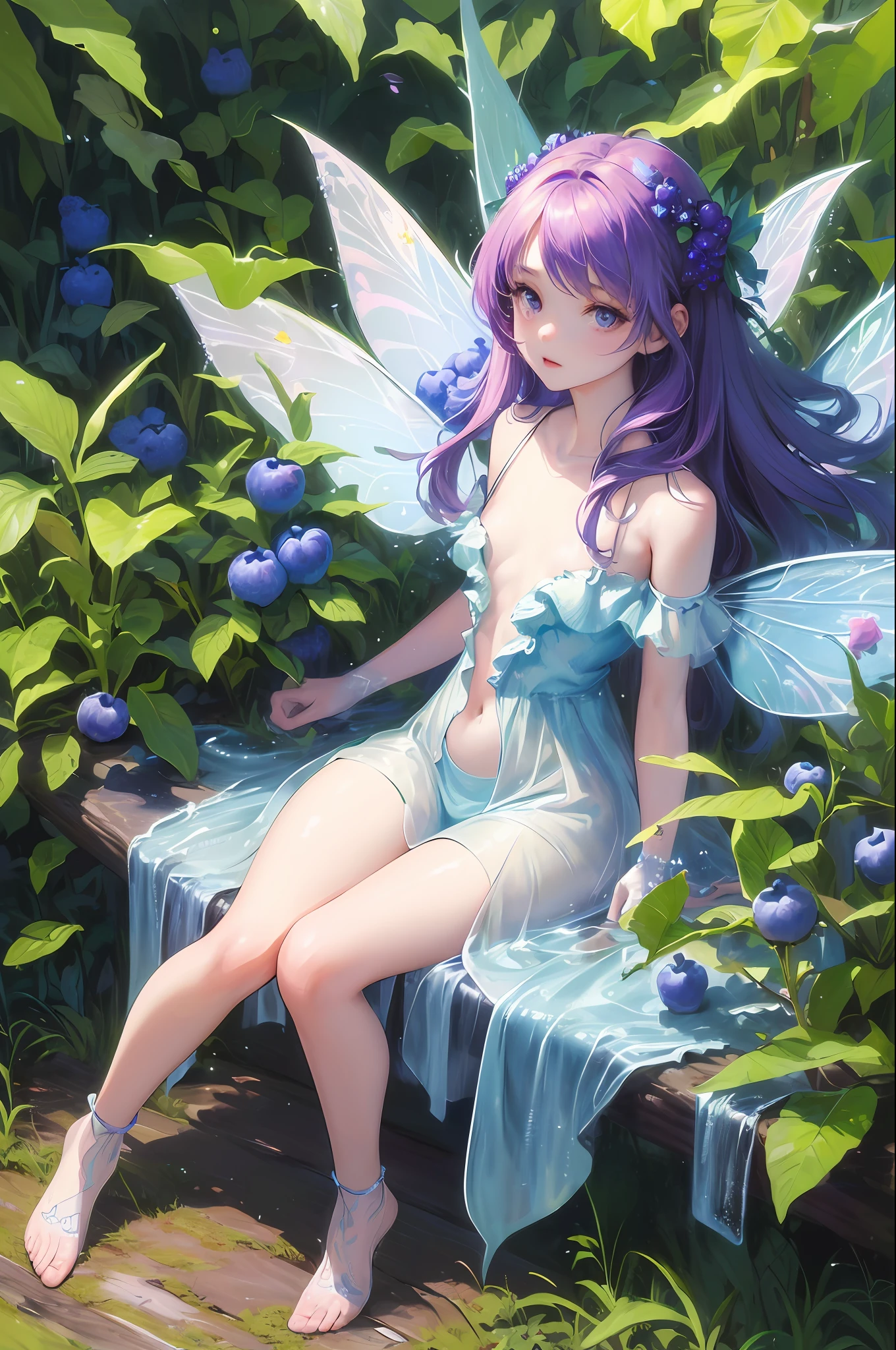 ( Absurd, High quality, ultra-detailed, masterpiece, concept art, smooth, highly detailed artwork, hyper-realistic painting ) , tiny little girl, Blueberry girl, blueberries, cute, whole body, Romantic, Vivid, dreamy, fantasy, fairy wings, water, in the forest, very detailed art