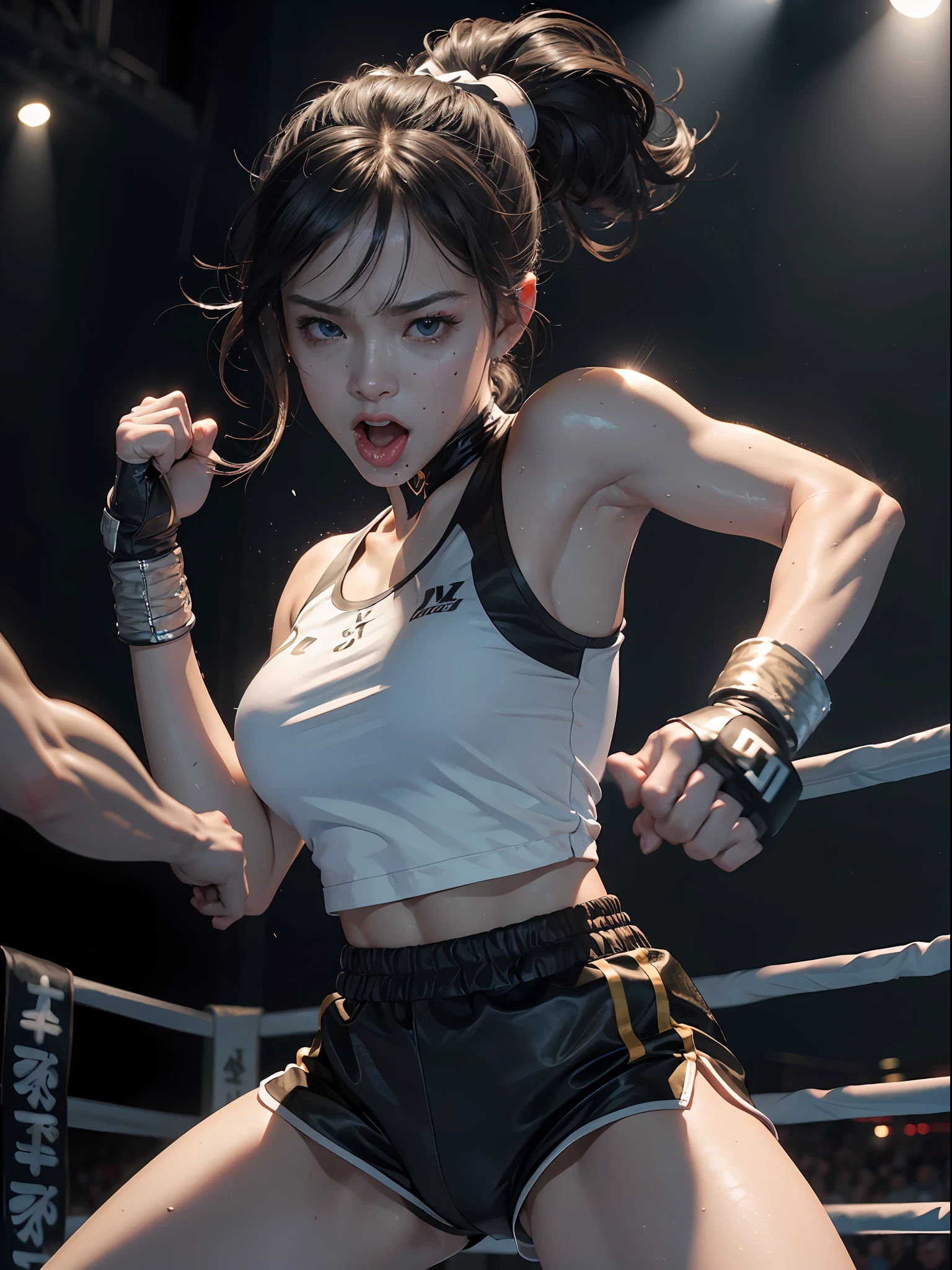 8k, best quality, masterpiece, realistic, real person, Unity 8k wallpaper, (1 girl) , Beautiful eyes, (Delicate face) , Perfect detail, (best lighting) , (super complex details) , (boxing girl) , (sexy), sweat, heavy breathing, ((screaming with big mouth open))))(oppressive aggression) , (boxing ring), athletic shorts, perfect detail, perfect fingers, perfect limbs, impact, (shiny skin), abs, muscles, big tits, waistline,boxing shorts, fist fight, black hair, high ponytail, very long hair, 4k unified, (super detail cg: 1.2), (8k: 1.2), realistic, octane rendering, (((martial arts tournament at the Greek Colosseum))), sunshine strong, audience seats are super full