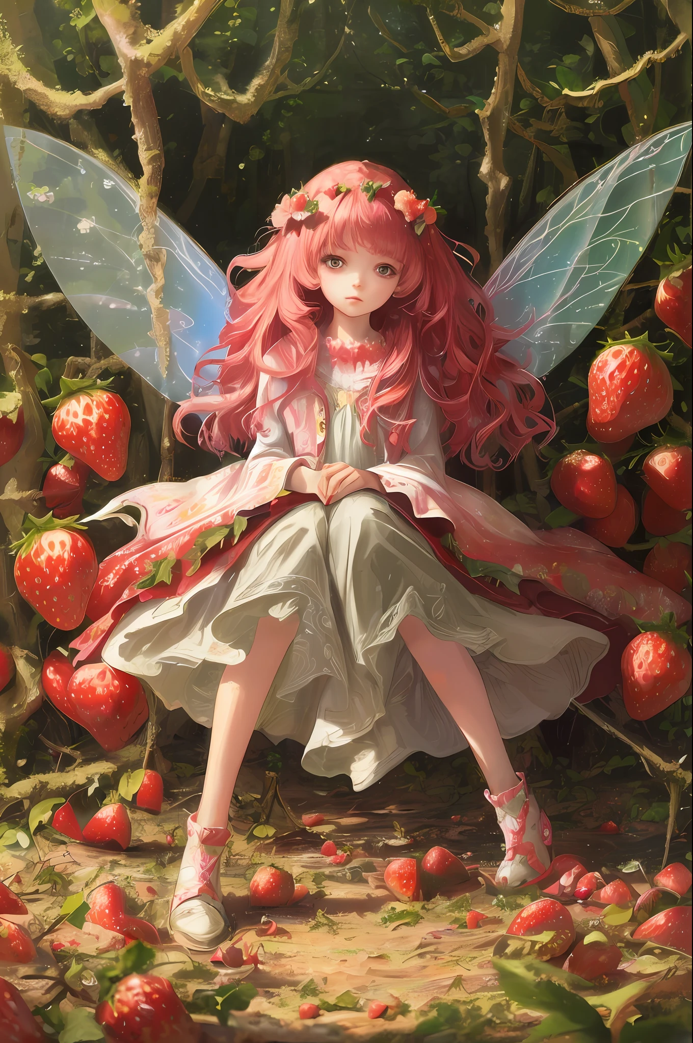 ( Absurd, High quality, ultra-detailed, masterpiece, concept art, smooth, highly detailed artwork, hyper-realistic painting ) , tiny little girl, strawberry girl, Strawberries, cute, whole body, Romantic, Vivid, dreamy, fantasy, fairy wings, in the forest, enchanting glow, very detailed art