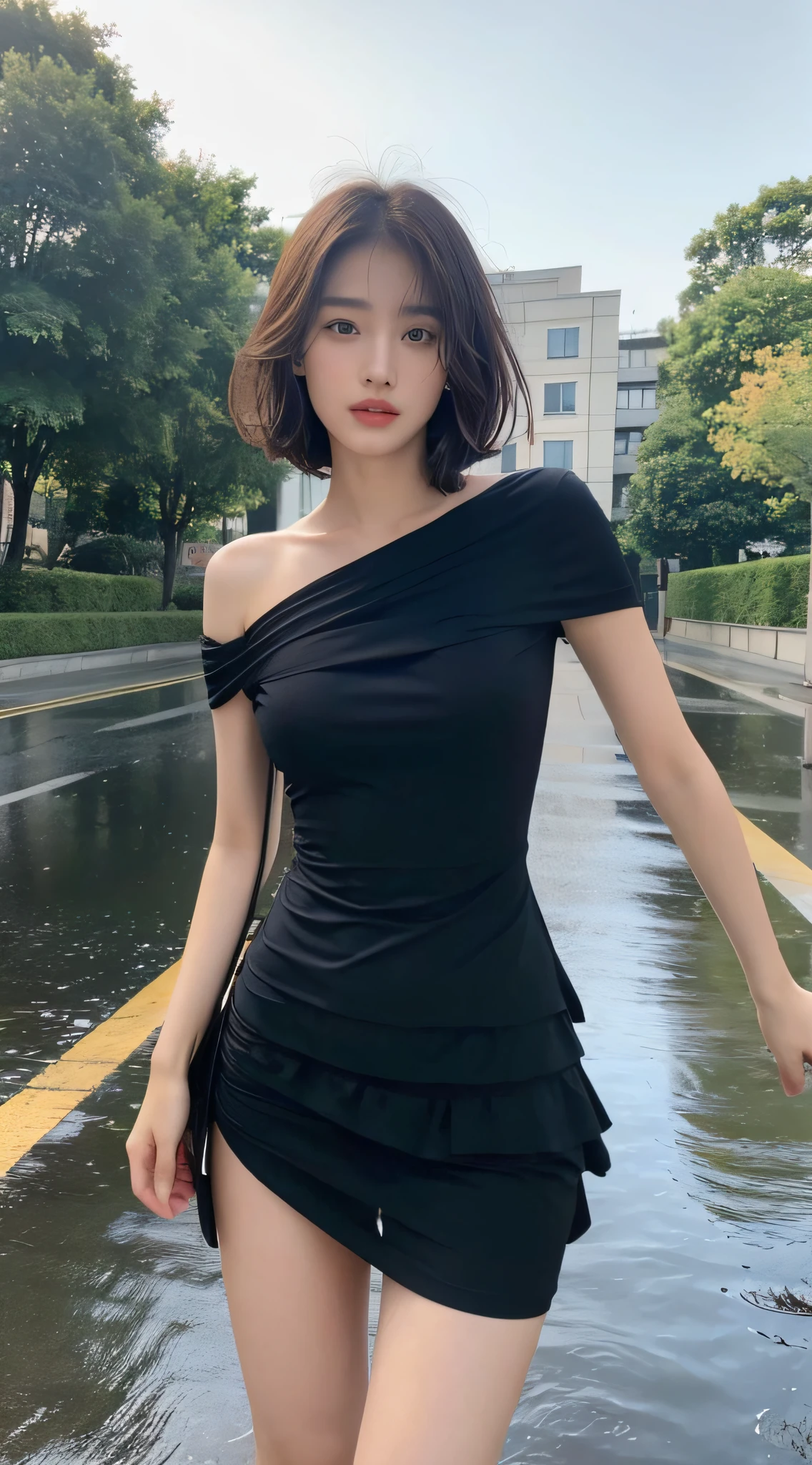 Arapei asian woman posing for photo in black dress, beautiful asian girl, xisen wu, asian girl, korean girl, girl cute thin face, chen xintong, gorgeous korean young woman, beautiful korean woman, short hair, chinese girl, gorgeous chinese model, yoshitomo nara, sakimichan, ((best quality, 8k, masterpiece: 1.3)), focus: 1.2, perfect body beauty: 1.4, buttocks: 1.2, ((layered haircut, beautiful breasts: 1.2)), ( Wet Clothes:1.1) , (Rain, Street:1.3), Bandeau Dress: 1.1, Highly Detailed Face and Skin Texture, Delicate Eyes, Double Eyelids, Whitened Skin, Long Hair, (Shut Up: 1.3), After Rain, (Sky Rainbow: 1.1), (Black Dress: 1.2)