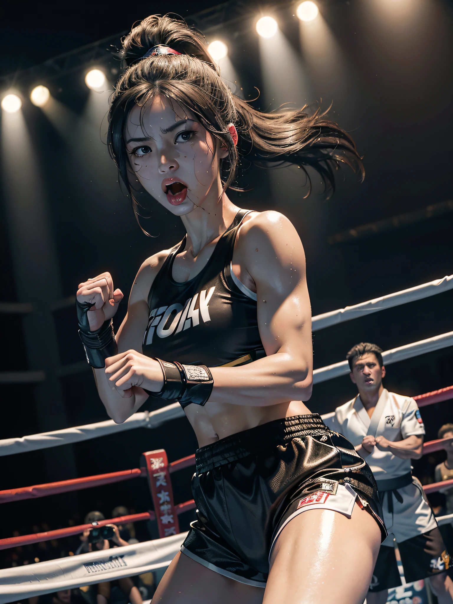 8k, best quality, masterpiece, realistic, real person, Unity 8k wallpaper, (1 girl) , Beautiful eyes, (Delicate face) , Perfect detail, (best lighting) , (super complex details) , (boxing girl) , (sexy), sweat, heavy breathing, ((screaming with big mouth open))))(oppressive aggression) , (boxing ring), athletic shorts, perfect detail, perfect fingers, perfect limbs, impact, (shiny skin), abs, muscles, big tits, waistline,boxing shorts, fist fight, black hair, high ponytail, very long hair, 4k unified, (super detail cg: 1.2), (8k: 1.2), realistic, octane rendering, (((martial arts tournament at the Greek Colosseum))), sunshine strong, audience seats are super full