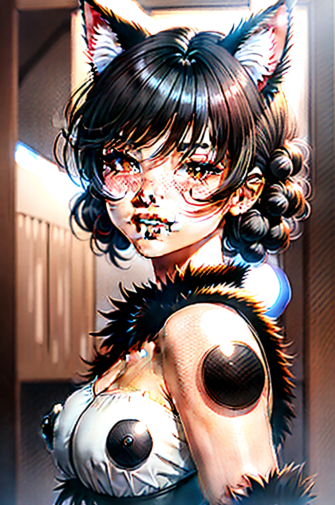 black hair, hair bobbles, wince, longeyelashes, solid circle eyes, fake animal ears, light smile, ear blush, fang, Surrealism, drop shadow, anaglyph, stereogram, tachi-e, pov, atmospheric perspective, 8k, super detail, ccurate, best quality