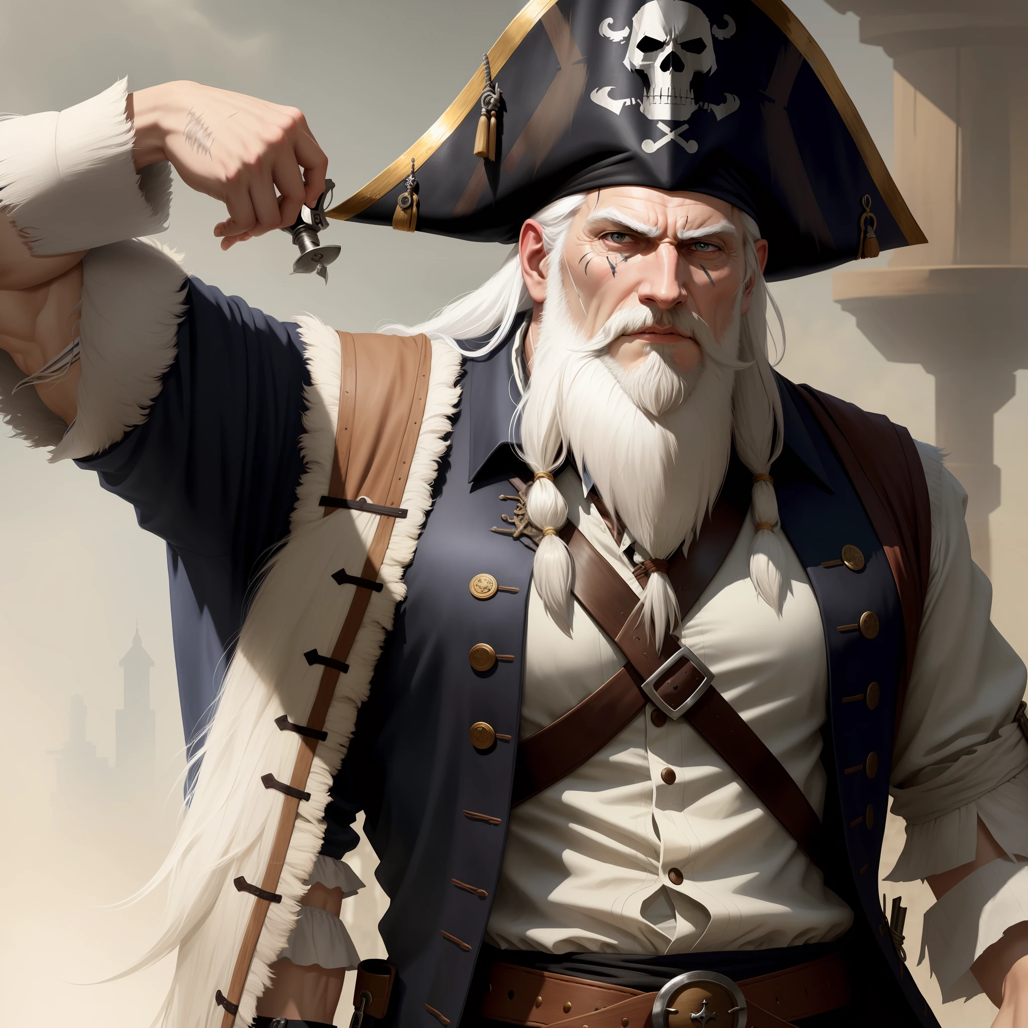 Man, English, straight white hair, white beard, scar on eye, strong and tall, relatively old, black clothes, pirate.