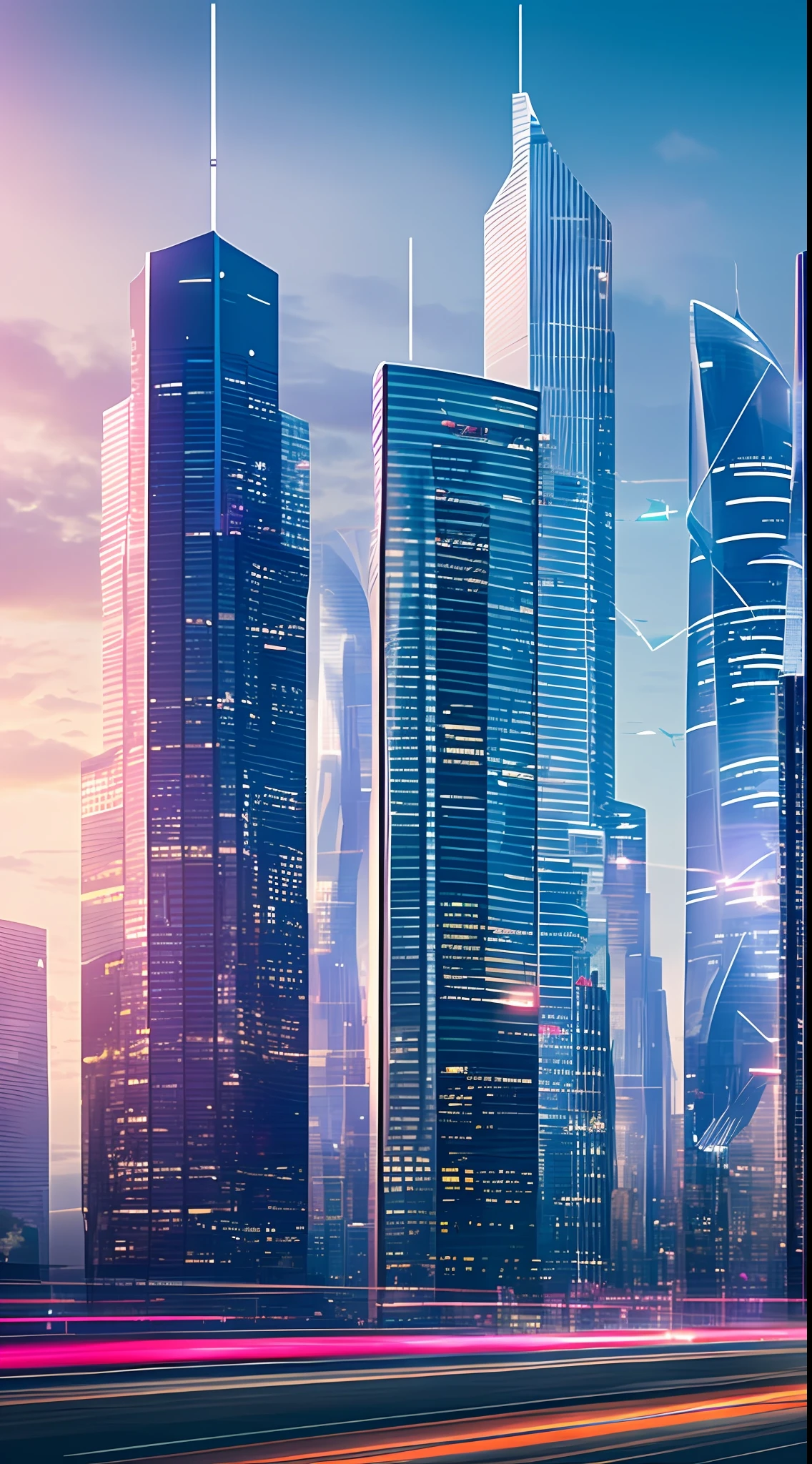 Style: Concept art. The scene: Futuristic cityscapes with towering skyscrapers and sleek aerodynamic vehicles speeding through the air. High-resolution OLED GUI interfaces in the building's windows are filled with transparent data visualization infographics showing everything from weather patterns to traffic flow. Colors are saturated and vibrant, with warm pinks and purples dominating the skyline. The overall effect is both beautiful and awe-inspiring.