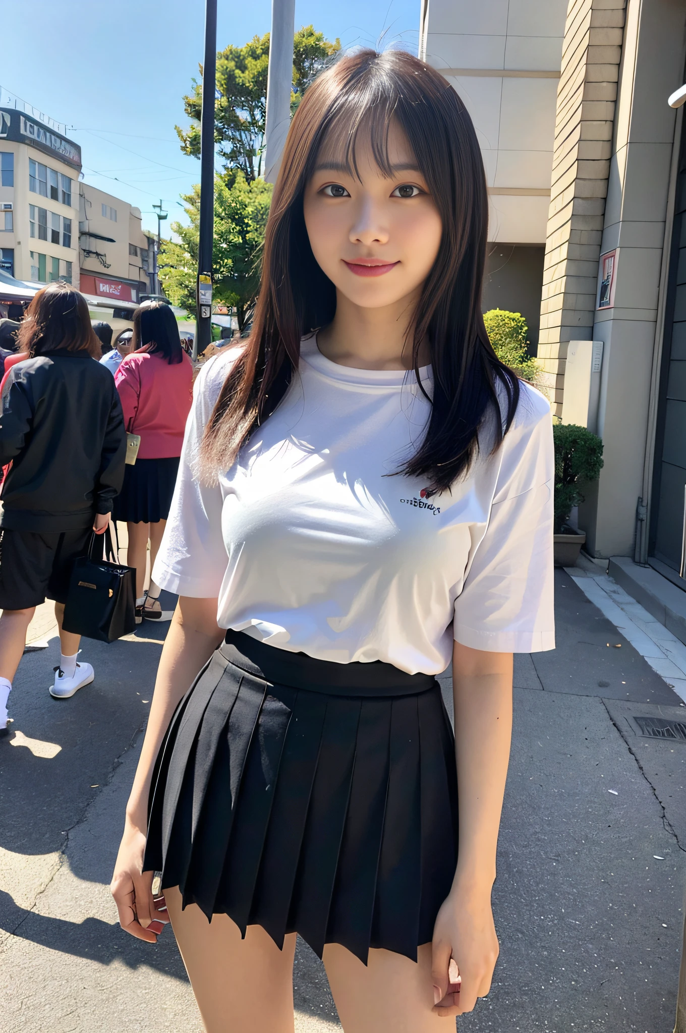 Ultra top quality, masterpiece, ultra high resolution, (photorealistic: 1.4), highly detailed CG Unity 8k wallpaper, detailed and complex, original, high resolution, raw photo, (perfect body shape), fine and complex, DSLR, soft lighting, high quality, film grain, depth of field, FUJIFILM XT3, 50mm lens, backlight, HDR, hyperreal, color grade, dynamic pose, portrait, Japan person, smile, lips, bangs, (crowded akihabara: 1.2), front view viewer, natural light, girl, 20 years old, full body, solo, student, high school, uniform, sailor color, bobby socks, pleated skirt, daytime, on the street, deep shadow, cute, beauty, discreet, cold light 12000K\\ street, store status, Akihabara, Shinjuku, Shibuya, Ikebukuro, detailed realistic, detail, skin texture, ultra detailed, realistic skin texture, (dramatic, award-winning photos, incredible masterpieces: 1.3)
