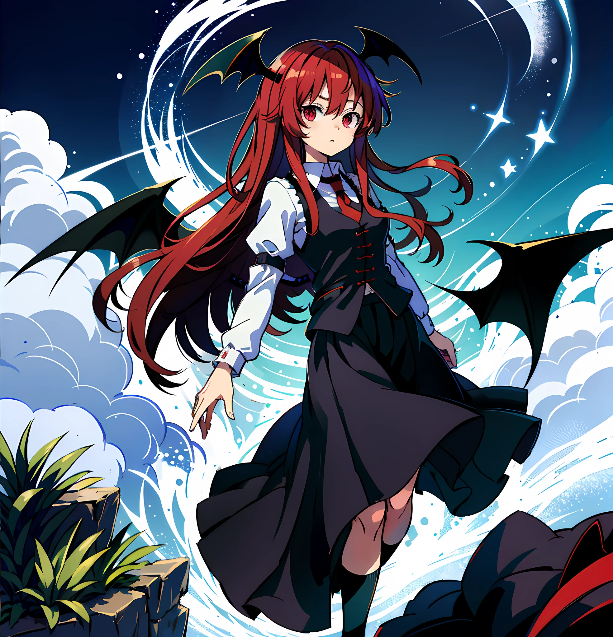 {{koakuma}}, touhou, vest, black skirt, long skirt, red necktie, white shirt, bat wings, masterpiece,white socks,thigh focus,waving