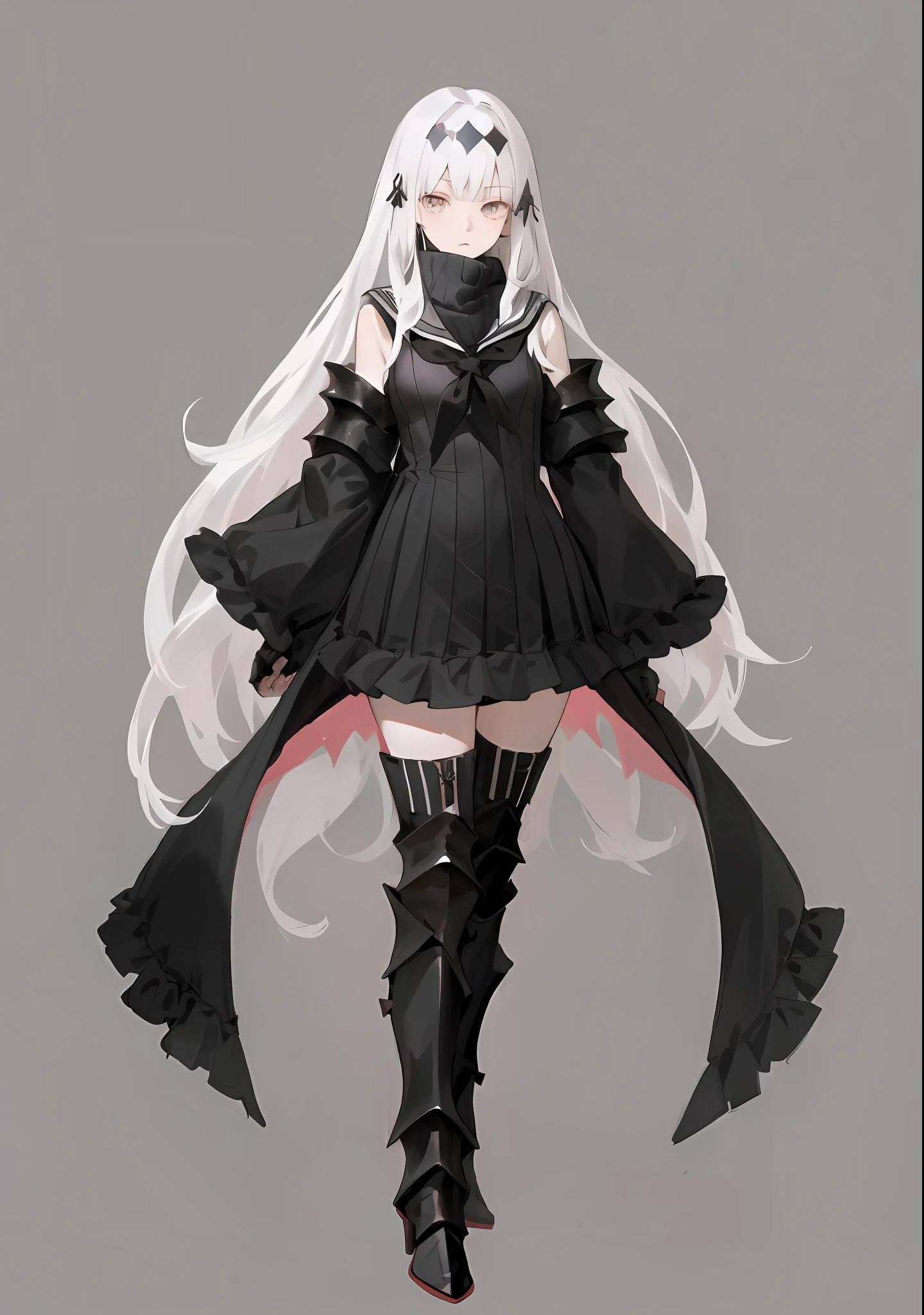 (Masterpiece, Best Quality, Best Anatomy, Digital Art, Elaborate 2D Illustration), (Simple Background, Clear White Background: 1.4), Aircc Water Ghost, Cover Mouth + Scarf, Full Body + Stand, 1 Girl, Solo, White Skin, White Eyes, (Gray Hair, Long Hair, Hair Accessories), (Split Sleeves, Frilled Sleeves), (Turtleneck Sweater, Frilled Dress, Sailor Dress), Black Thighs, ((Bulky Armored Boots, High Heeled Boots)))) Black arm armor, holding a black cross shield