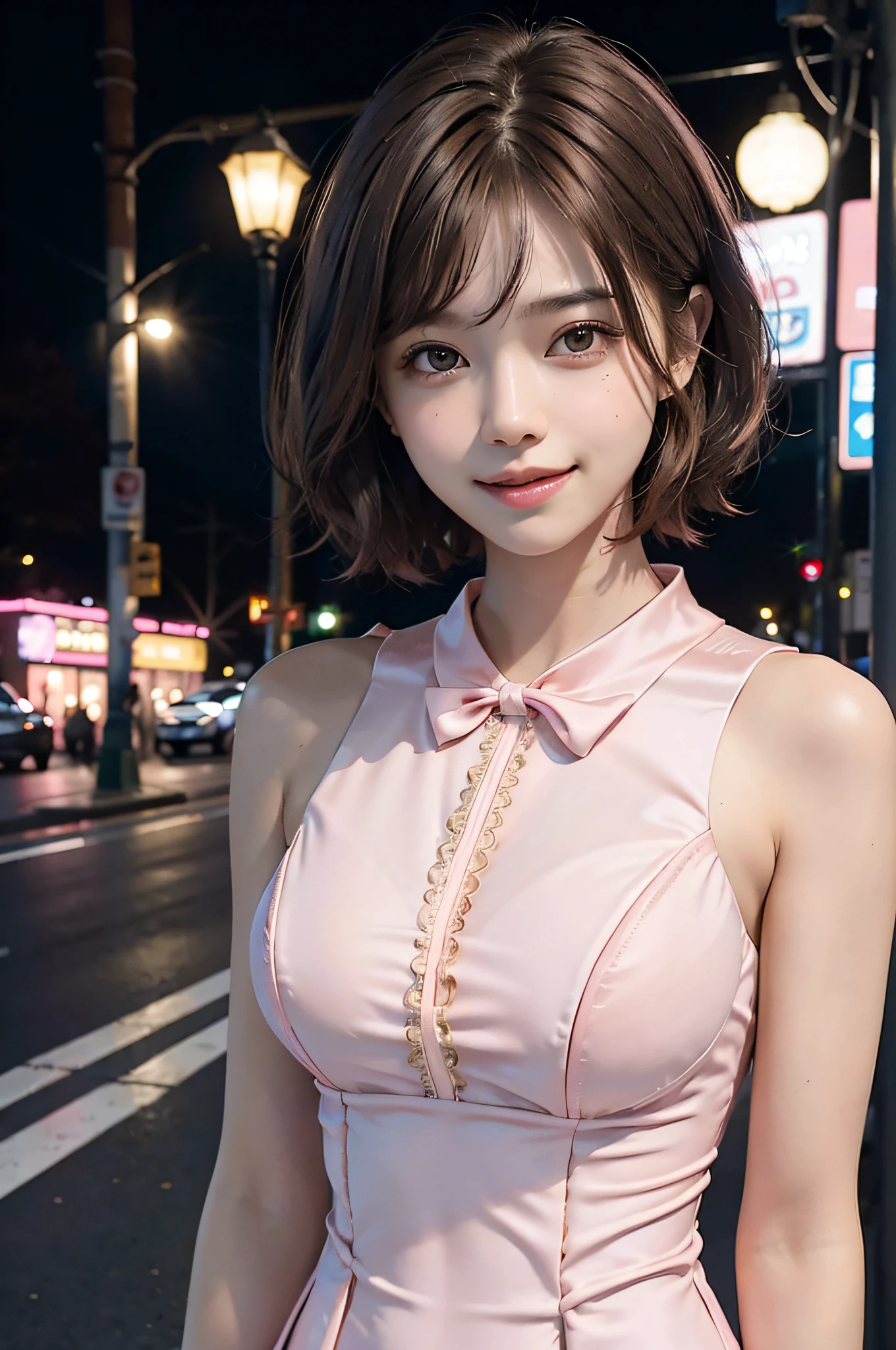 best quality, 8K, HDR, highres, absurdres:1.2, blurry background, bokeh:1.2, Photography, (RAW photo:1.2), (photorealistic:1.4), (masterpiece:1.3), (intricate details:1.2), 1girl, solo, japanese girl, delicate, beautiful detailed, (detailed eyes), (detailed facial features), petite, beautiful and clear eyes, detail eye pupil, (((large breasts))), ((((short hair)))), ((((brown hair)))),skin tight, (looking_at_viewer), from_front, (skinny), (best quality:1.4), (ultra highres:1.2), cinema light, (extreme detailed illustration), (lipgloss, best quality, ultra highres, depth of field, caustics, Broad lighting, natural shading, 85mm, f/1.4, ISO 200, 1/160s:0.75),1girl, solo, ((smile)), (((slim body))), (ulzzang-6500-v1.1:0.5), upper body, ((((pink formal dress:1.2)))), standing,(pureerosface_v1:0.5), Tokyo street,night, cityscape,city lights, close up,