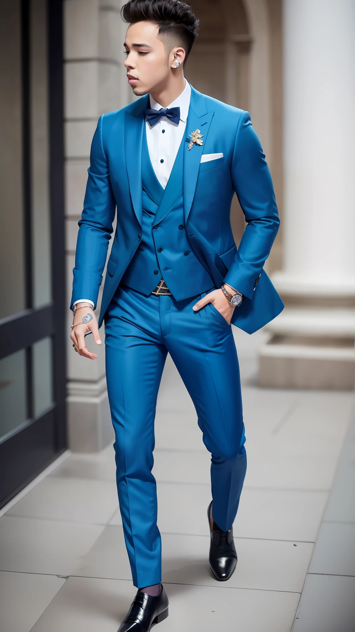 Prince royce. Dressed in blue armani suit