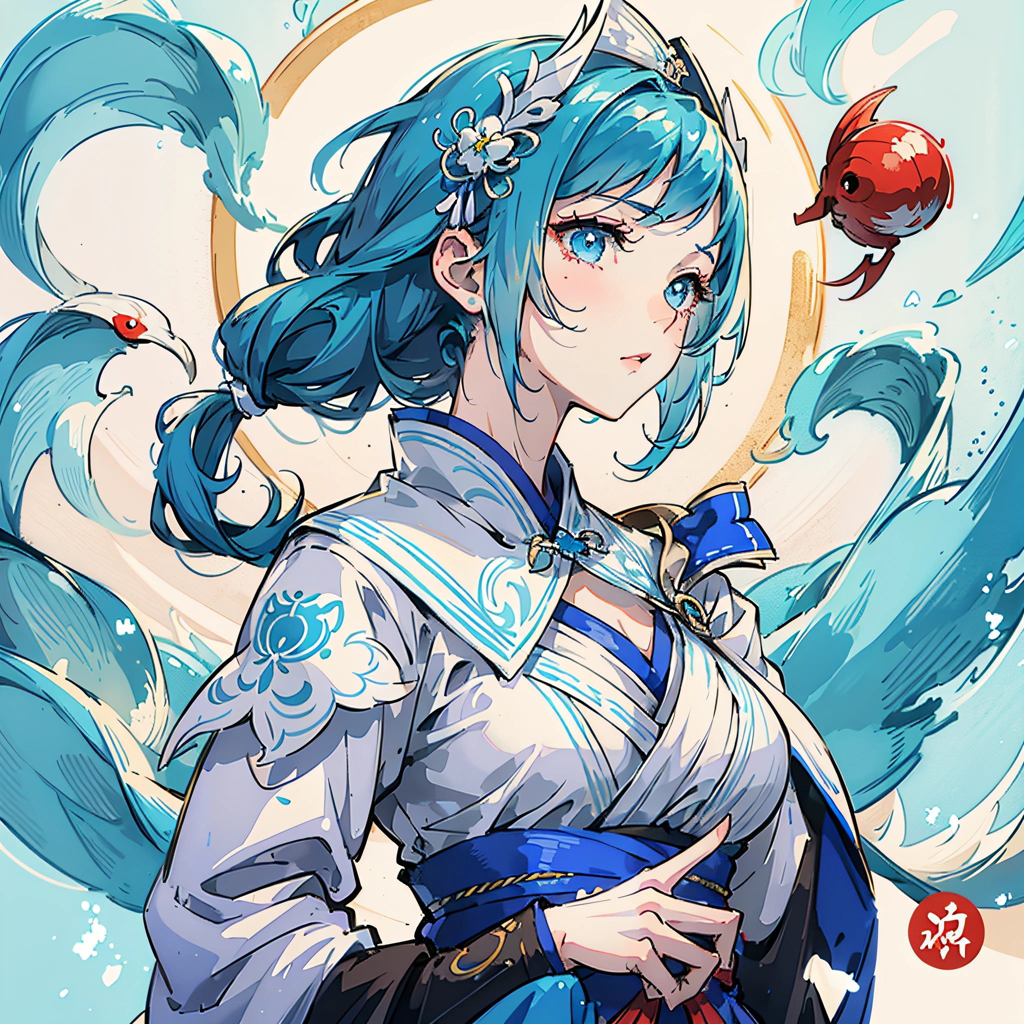 Handsome anime female, upper body view, cyan hair, delicate face, white background, blue and white Tang costume, red traditional character crane written on the front of the clothes --auto --s2