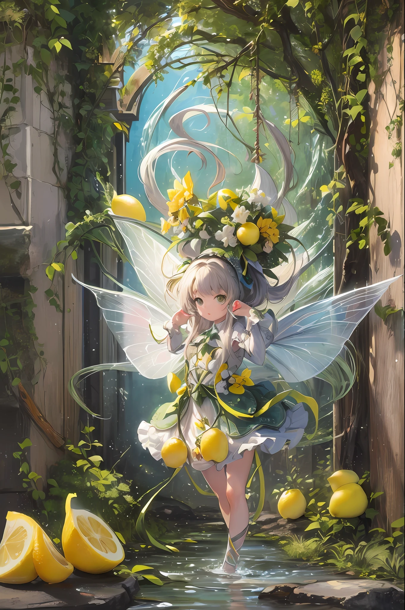 ( Absurd, High quality, ultra-detailed, masterpiece, concept art, smooth, highly detailed artwork, hyper-realistic painting ) , tiny little girl, lemon girl, lemons, cute, whole body, Romantic, Vivid, dreamy, fantasy, fairy wings, water, very detailed art