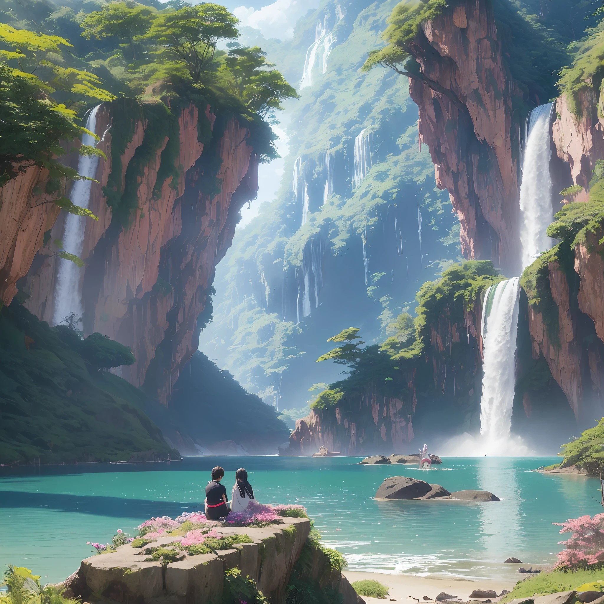 no humans, high quality, (red green pink blue colors), contrast, sharp focus, masterpiece, best quality, (waterfall, (water)), rocks, jungle, bamboo forest, mountain, (flowers), ocean side, cliff, painted by greg rutkowski makoto shinkai takashi takeuchi studio ghibli --auto --s2