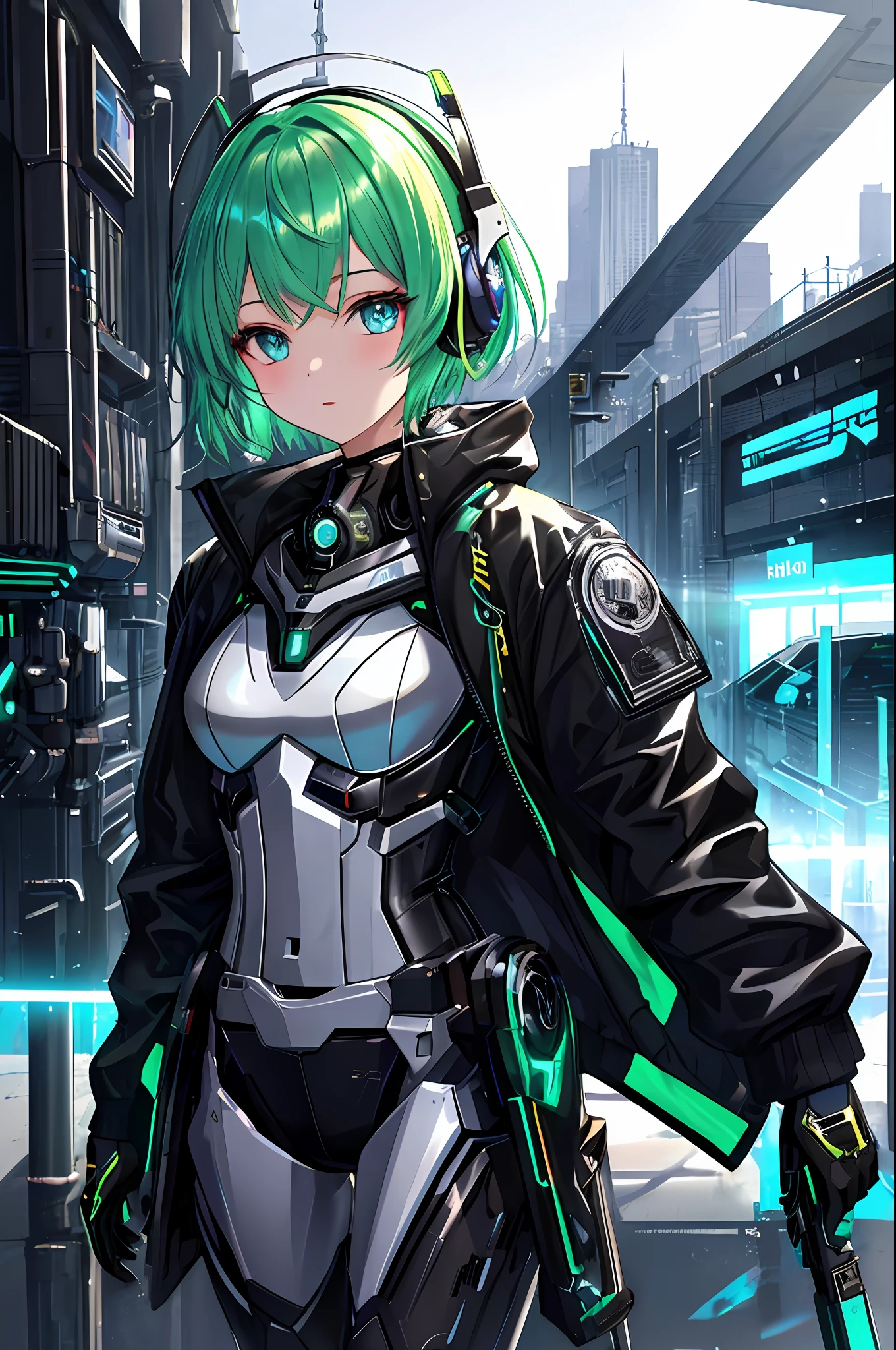 Top quality, masterpiece, very precise details, absurdity, very fine 8KCG wallpaper, very delicate and beautiful girl, highly detailed character, incredibly beautiful, BREAK, (transcendent beautiful girl: 1.5), half eyes, fusengam, delicate beautiful face, very detailed eyes and face, (short hair, shiny hair, green hair), break, (semi-undressed jacket), (mechanical joints, mechanical limbsA: 1.4), Absolute Realm, Perfect Five Fingers, Break, Exoskeleton Suit, (Headphones), Cyberpunk, Neon Shining City,